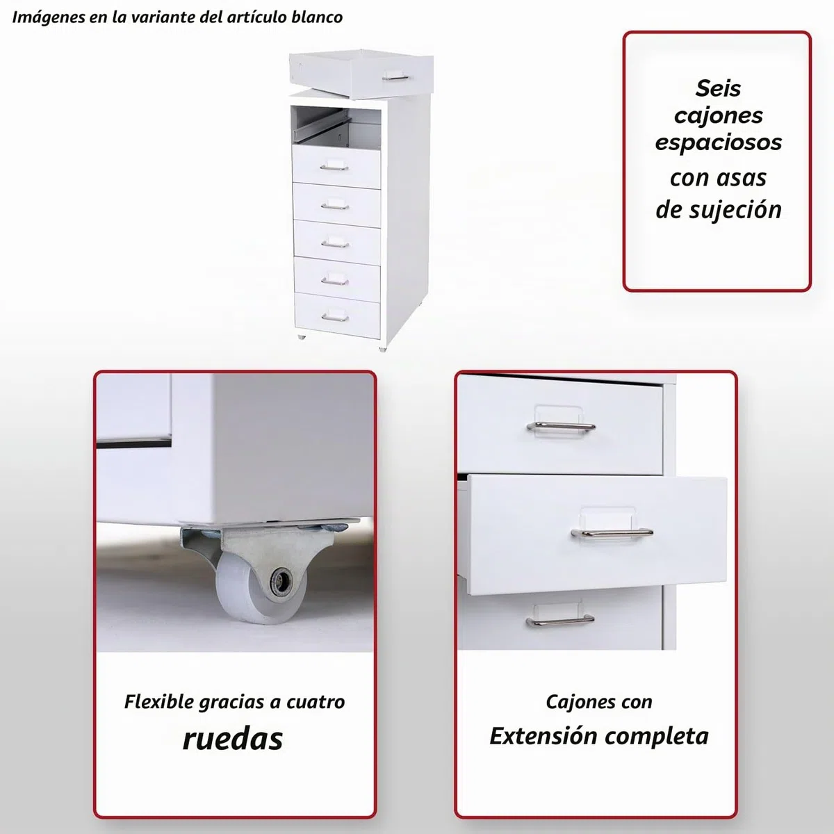Mendler Cajonera con ruedas Boston T851, armario de acero, 69 x 28 x 41 cm, 6 cajones, gris oscuro, blanco y gris oscuro