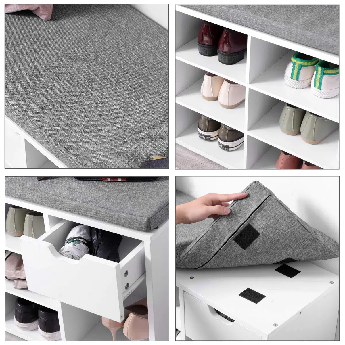 VASAGLE Banco Zapatero, Zapatero con Asiento y Cojín, Banco para Zapatos con Estante, Asiento Acolchado, para Entrada Pasillo Dormitorio, 30 x 104 x 48 cm, Blanco y Gris LHS24WT