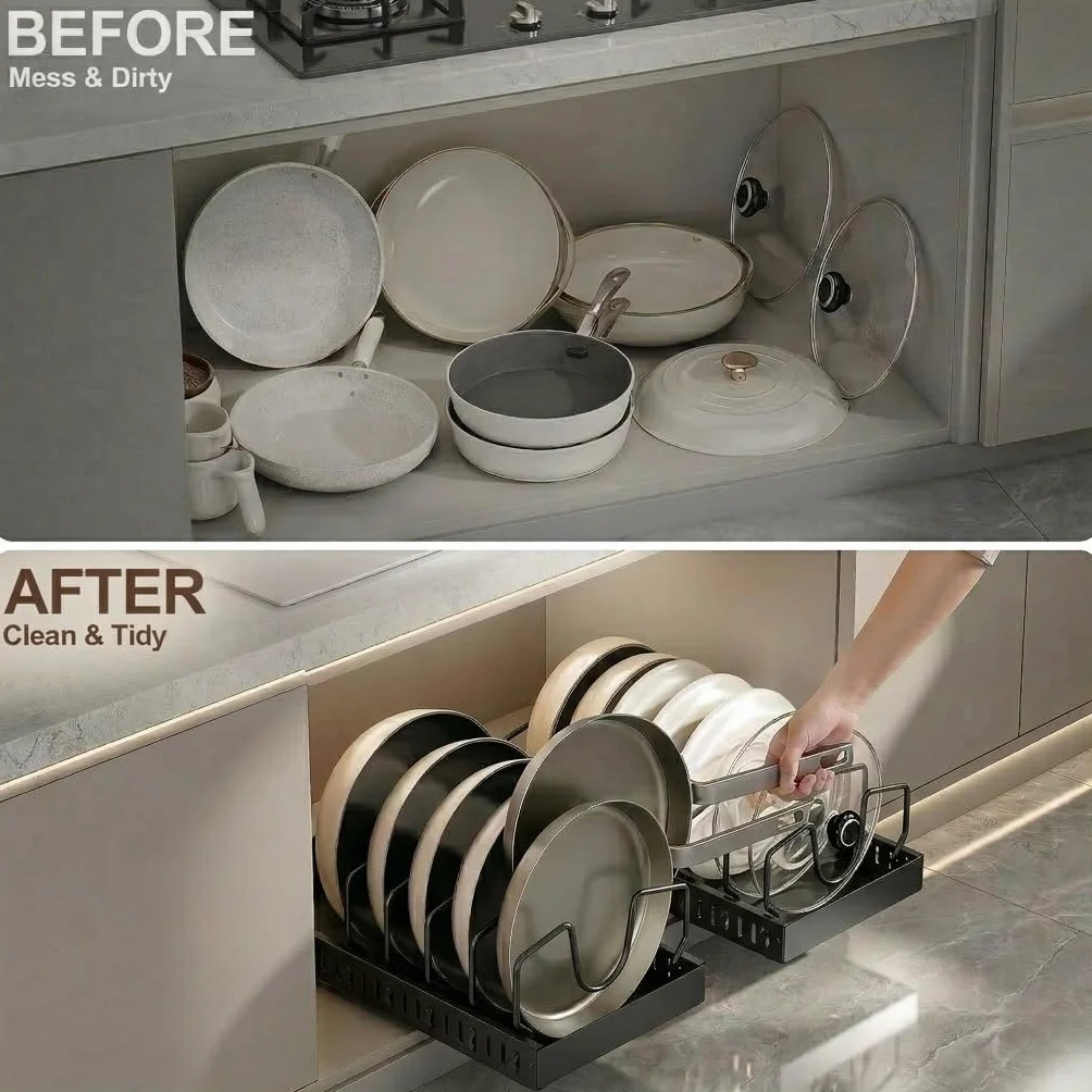 2 Piezas Organizador Cocina Ollas y Sartenes, Deslizante Organizador Tapas Ollas con 8 Compartimentos Ajustable，Organizador Sartenes y Ollas Cajon，Soporte Sartenes，Negro