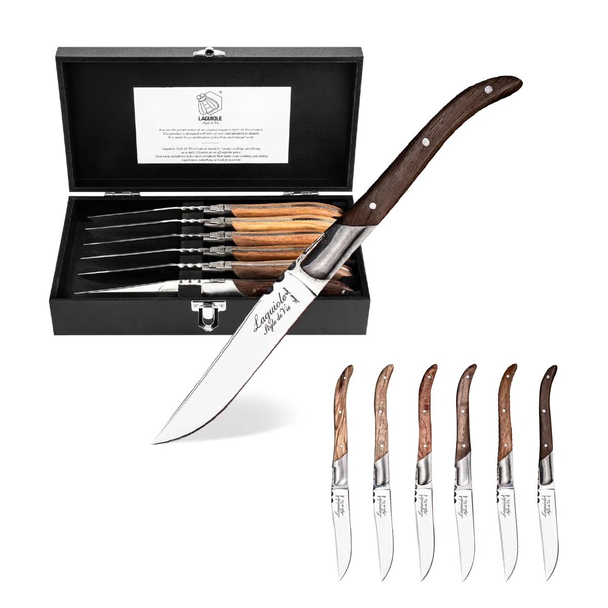 Laguiole Style de Vie - Cuchillos para carne - Línea Luxury - 6 unidades - Mango de madera mixta