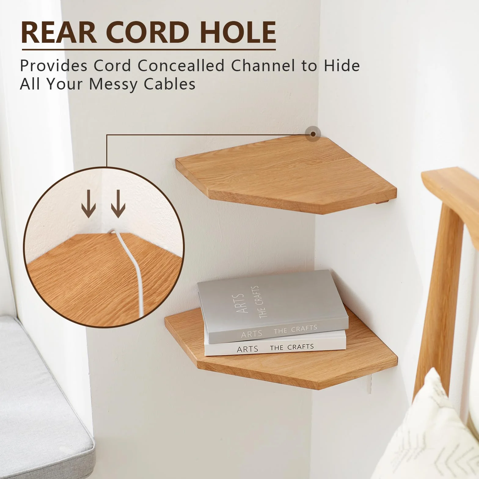 Flotantes Baldas para Esquina Madera Maciza, Estantería Esquina con Orificio de Alambre para Cables, Baldas para Esquina de Roble Pared para Baño, Cocina, Dormitorio, Salón (30 cm)
