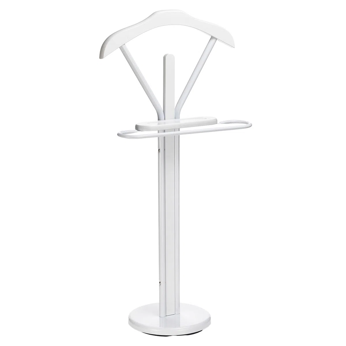 IDIMEX Mateo - Caballete de metal y MDF en color blanco y blanco, con bandeja y plancha, práctico almacenaje y organizador de ropa para trajes y camisas
