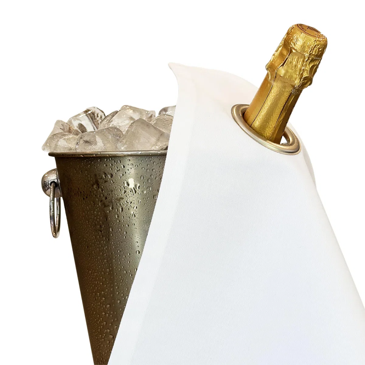 Classic Collection - Paños para botellas con anillo de metal para cubos de hielo, algodón, 42 cm, agujero en la esquina (blanco con anillo plateado, paquete de 2)