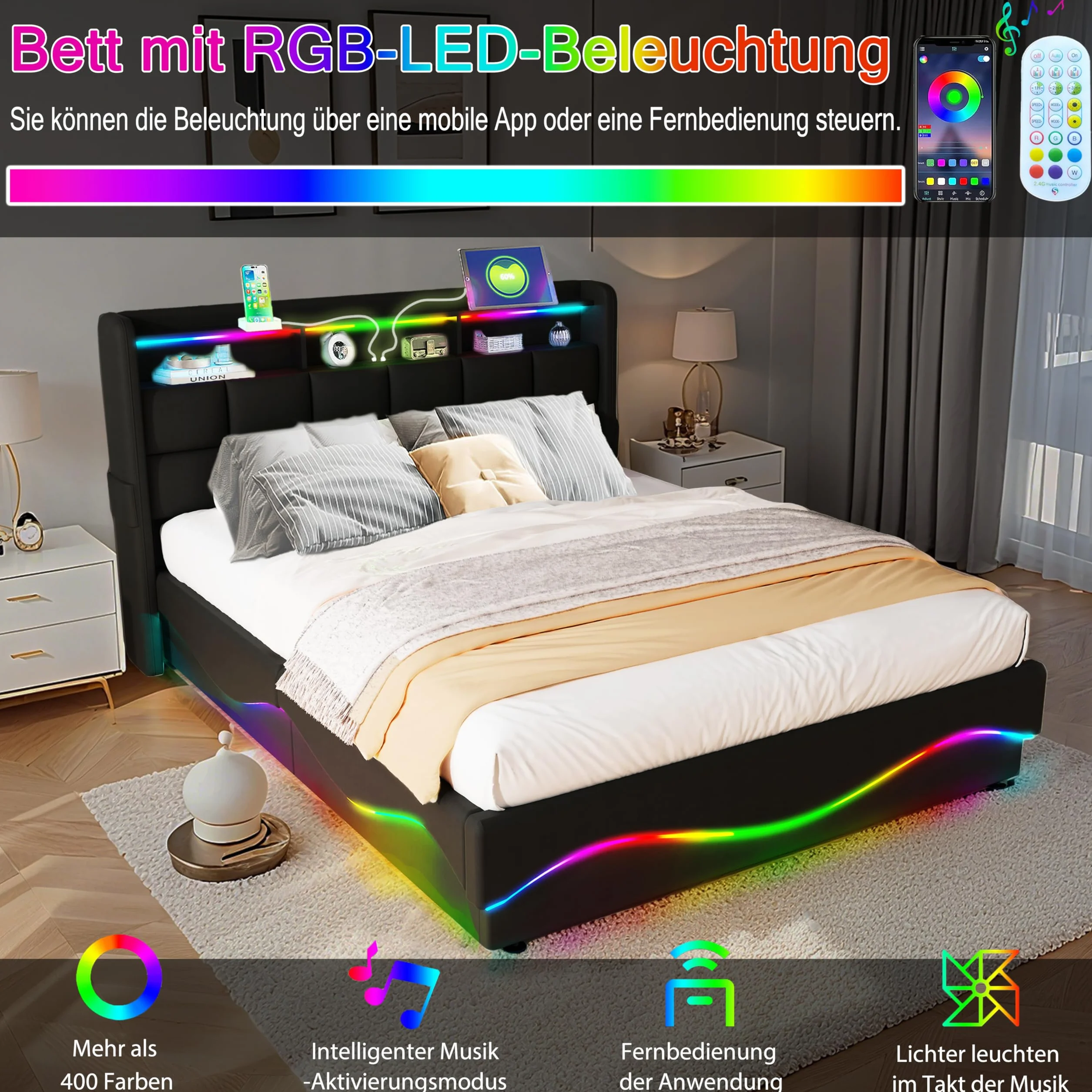 Cama de Almacenamiento Todo en Uno 140x200 cm con Luces LED, Estación de Carga USB/Type-C, Estantería para Cabecera y Gran Almacenamiento bajo la Cama, Cuero, Negro