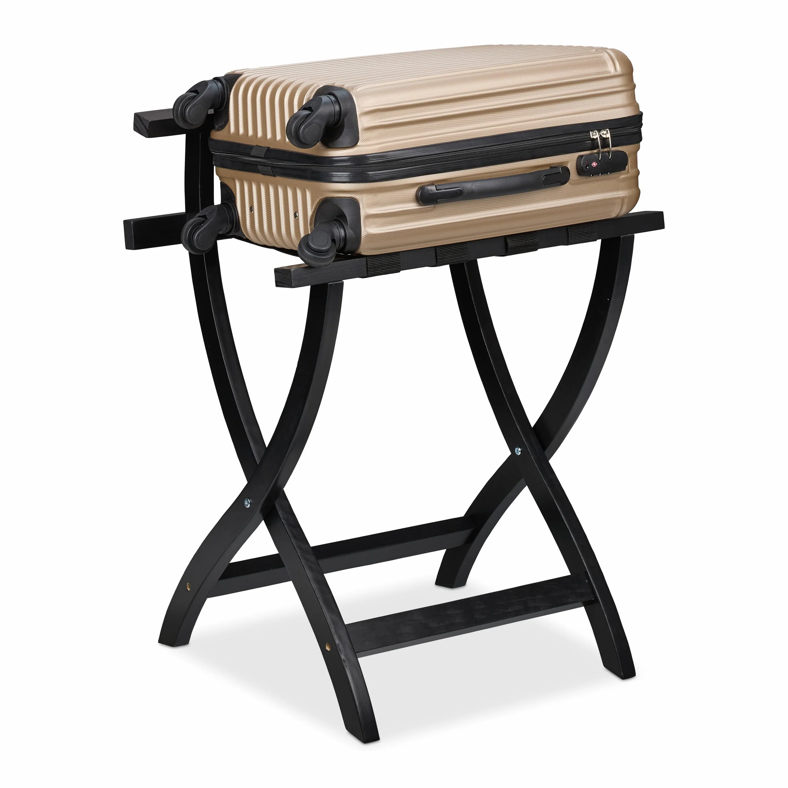 Relaxdays Soporte para Maletas, Plegable, Protección de Pared, Madera de Pino, 75x60x41 cm, Portamaletas Hotel, Negro