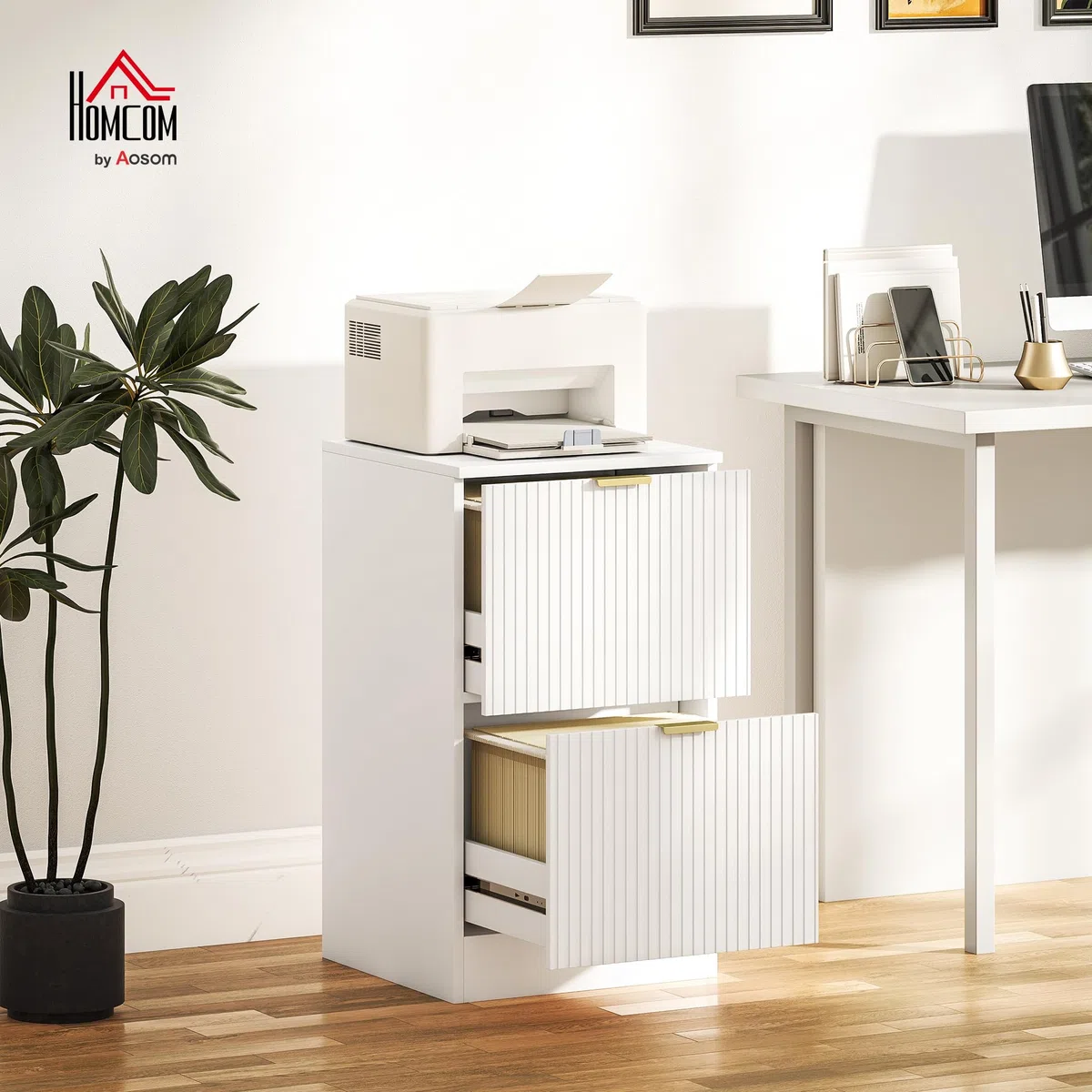 HOMCOM Cajonera de Oficina con 2 Cajones Cajonera de Escritorio con Frentes Acanalados Mueble Archivador para Tamaño A4 o Carta para Estudio 40x40x71 cm Blanco