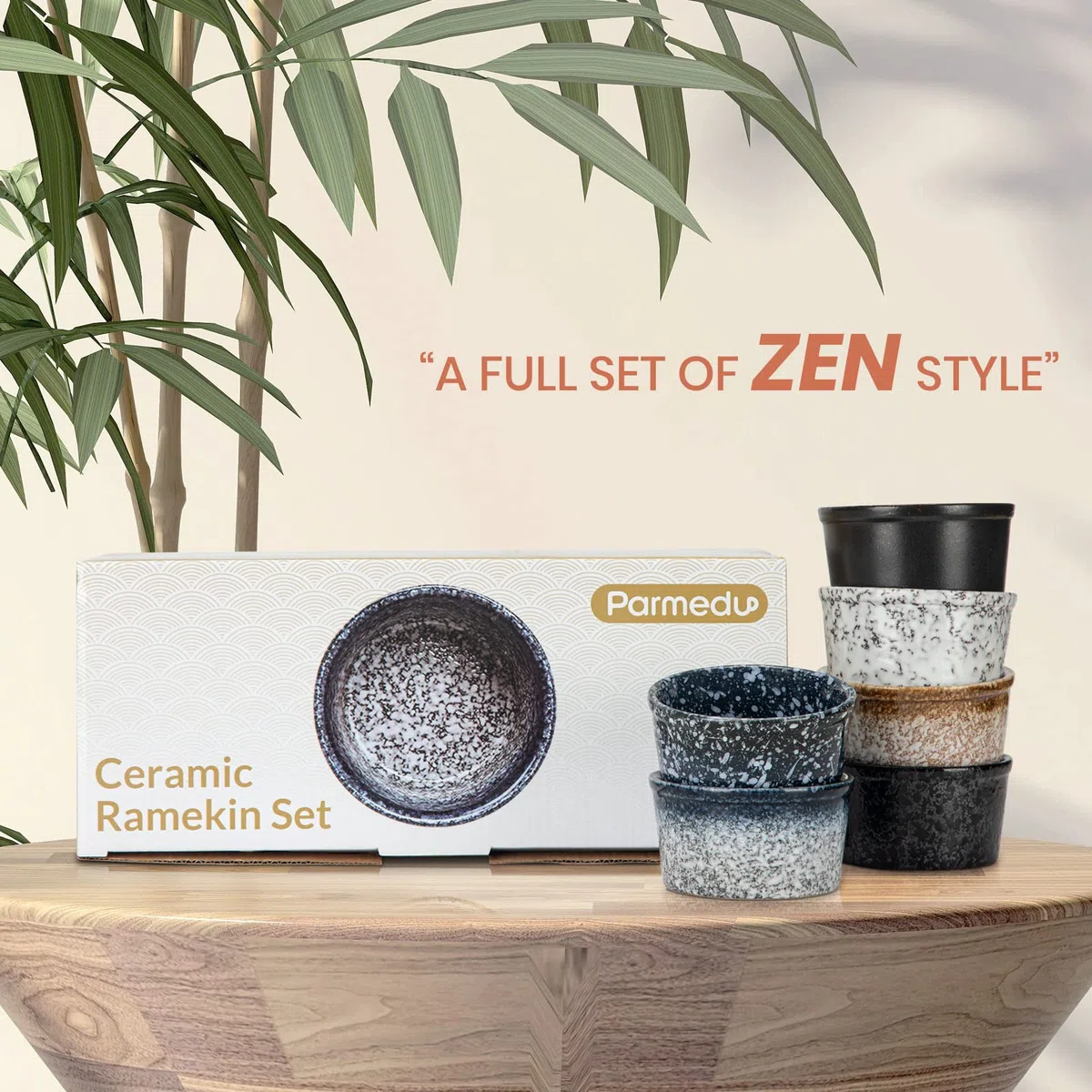 PARMEDU Juego de 6 Ramekin de Cerámica Mini Tazones de Porcelana Estilo Zen 100ml, Ramekins/Tazas Soufflé para Pudines, Brûlées, Soufflés, Helados, Salsas, Snacks, etc., Apto para Horno, Modelo BK002