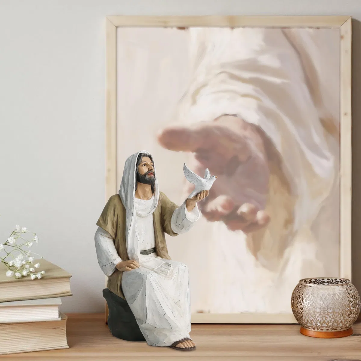 Estatua de Jesucristo con Paloma, Figura Religiosa Pintada a Mano, Estatua de Resina de Jesús sobre Roca de 7 Pulgadas para decoración Cristiana Moderna del hogar