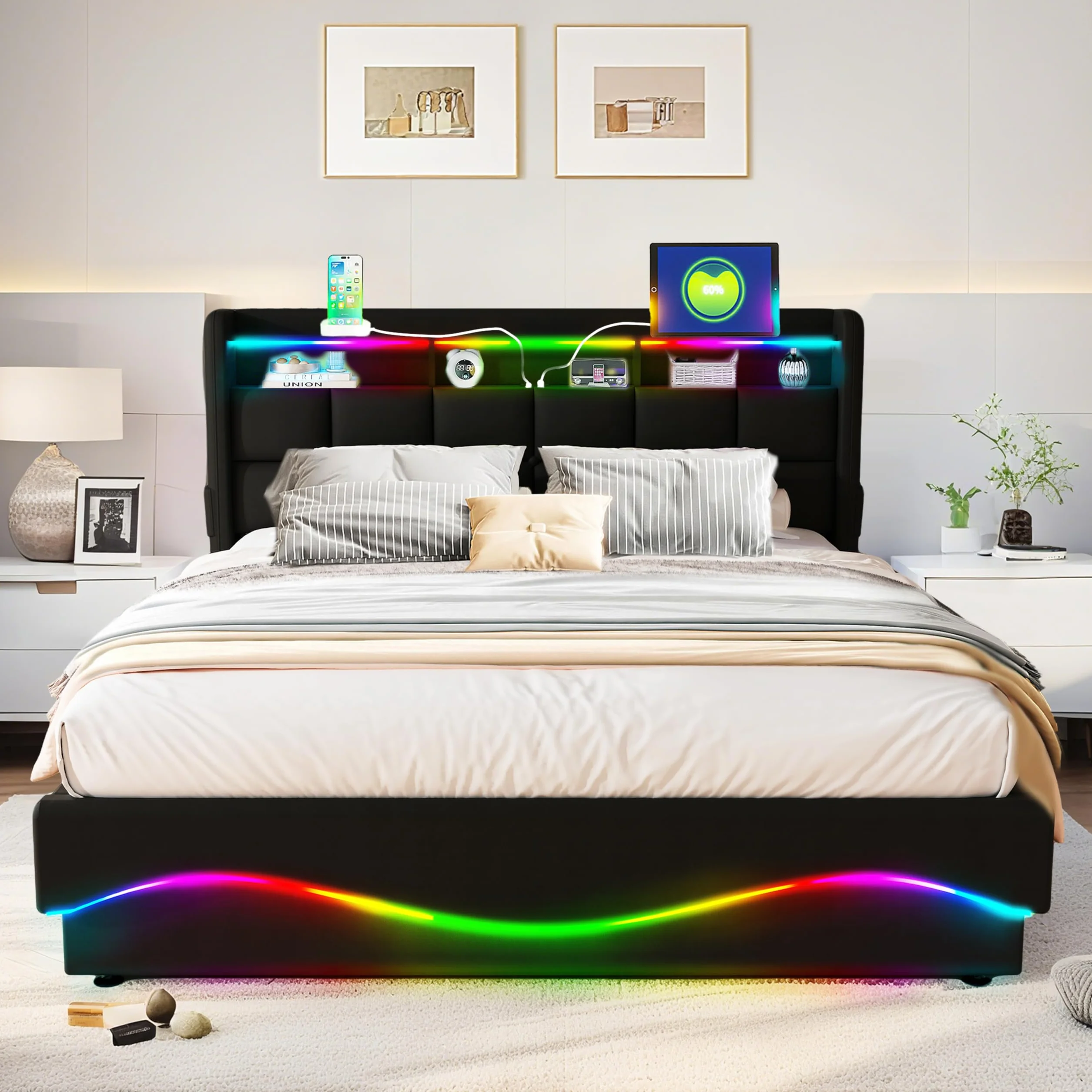 Cama de Almacenamiento Todo en Uno 140x200 cm con Luces LED, Estación de Carga USB/Type-C, Estantería para Cabecera y Gran Almacenamiento bajo la Cama, Cuero, Negro