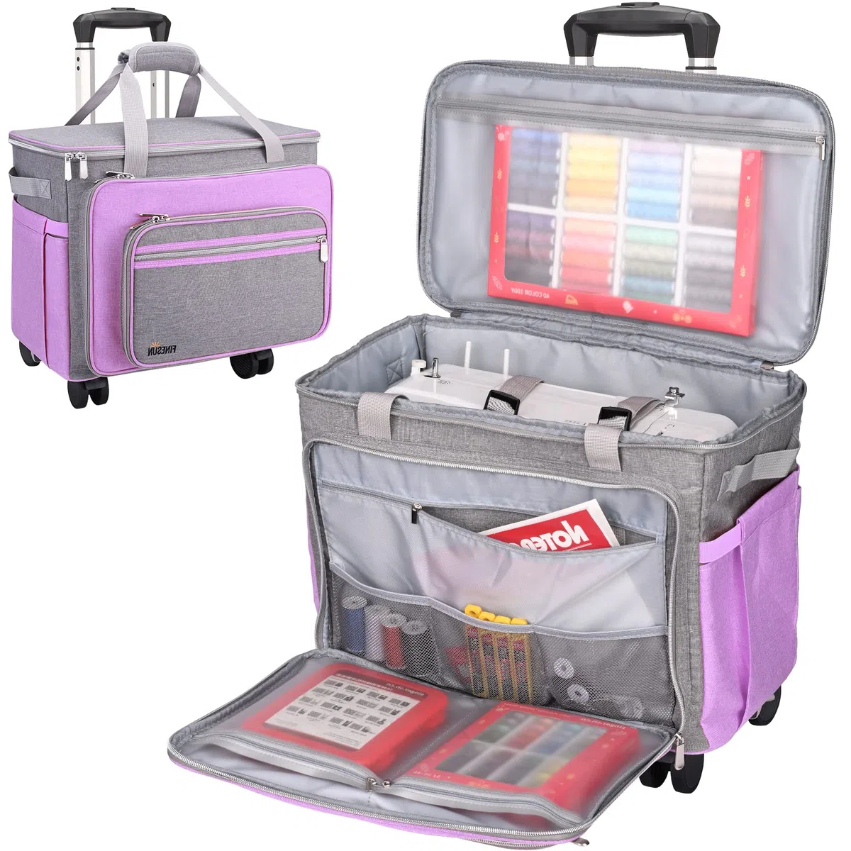 Estuche plegable de lujo para máquina de coser, gris y morado, funda de transporte para Brother, Singer, Bernina y la mayoría de máquina(con ruedas)