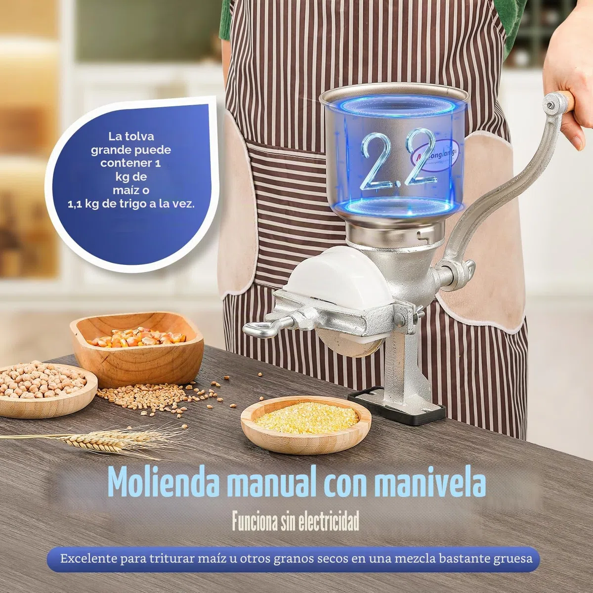 Moongiantgo Molinillo de Cereales Manual con 13cm Tolva Grande & 4cm Abrazadera de Mesa, Finura de Molienda Ajustable, Molino de Mano de Hierro Fundido, para Nuez, Café, Semillas, Maíz, Especias
