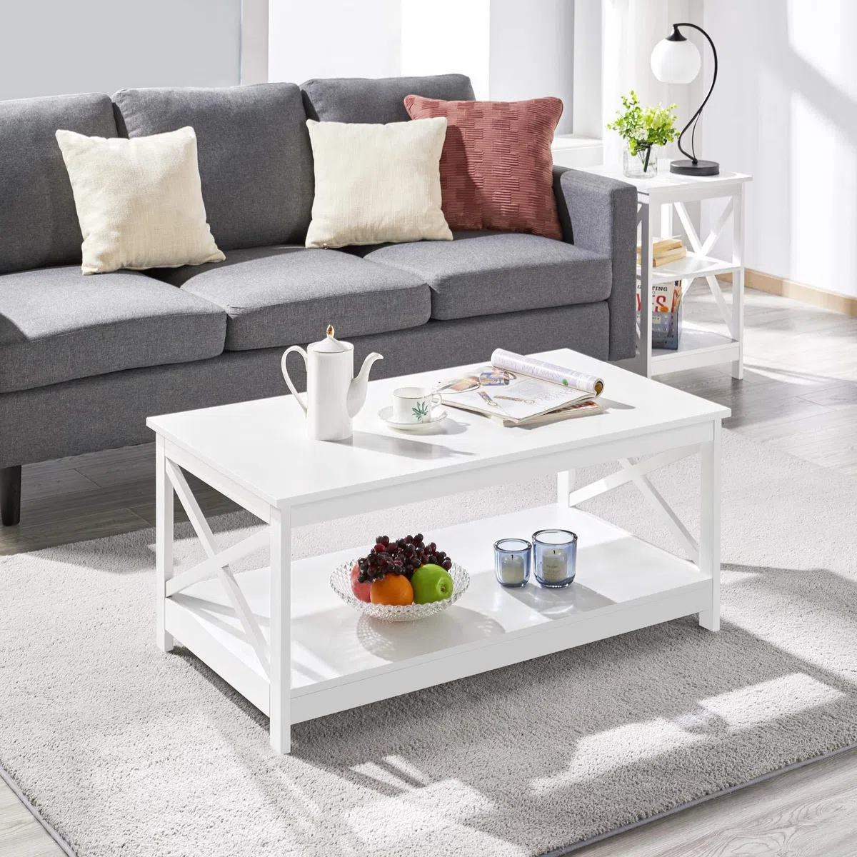 Yaheetech Mesa de Centro Moderna con Estructura en X Mesa de Café con Doble Nivel de Almacenamiento 100x50x45cm Ideal para Libros Revistas Blanco