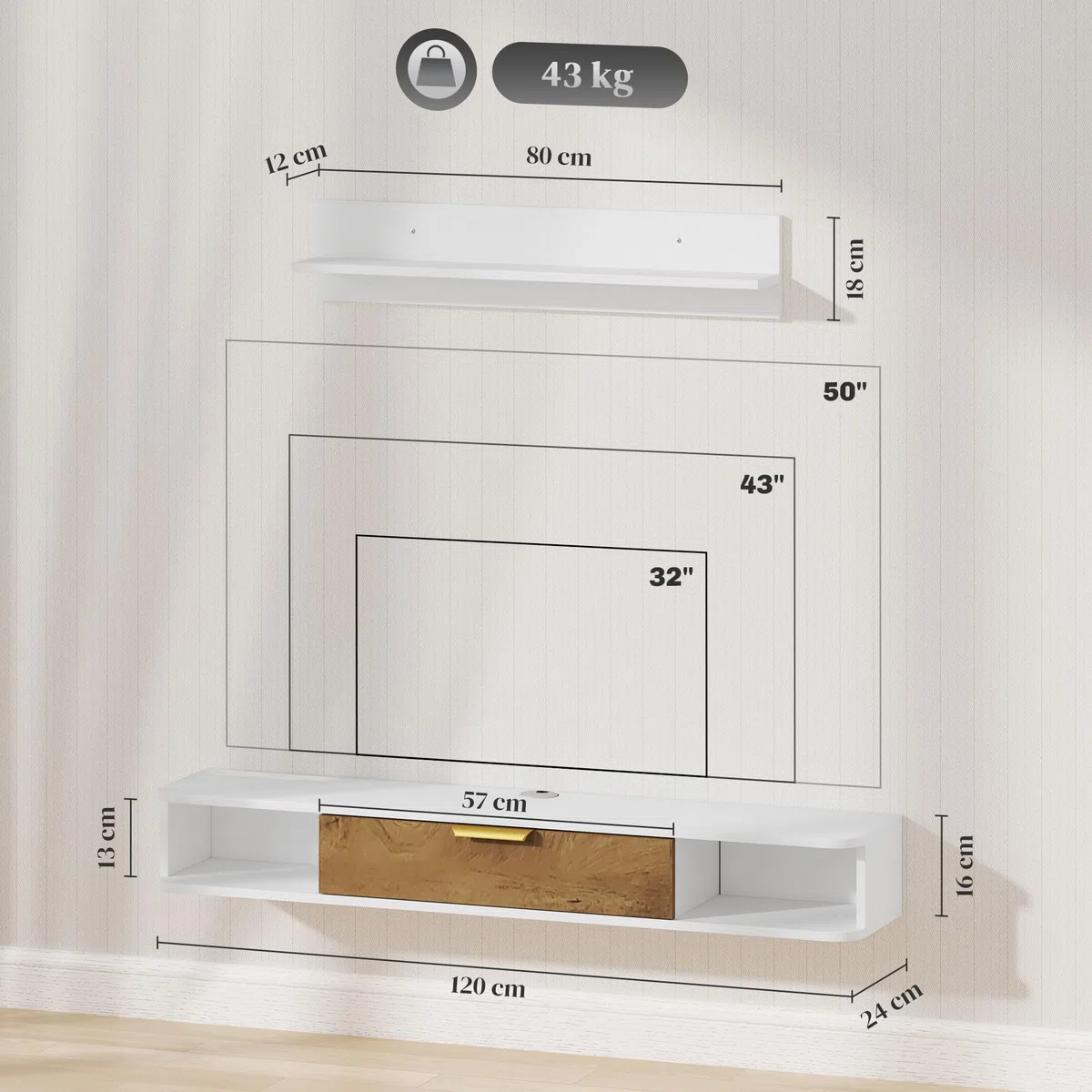 HOMCOM Conjunto de Muebles de Salón, Muebles de TV con Estante de Pared, Puerta, Estantes Abiertos, Orificios para Cables, para Televisión de Pared, 120x24x16 cm, Blanco