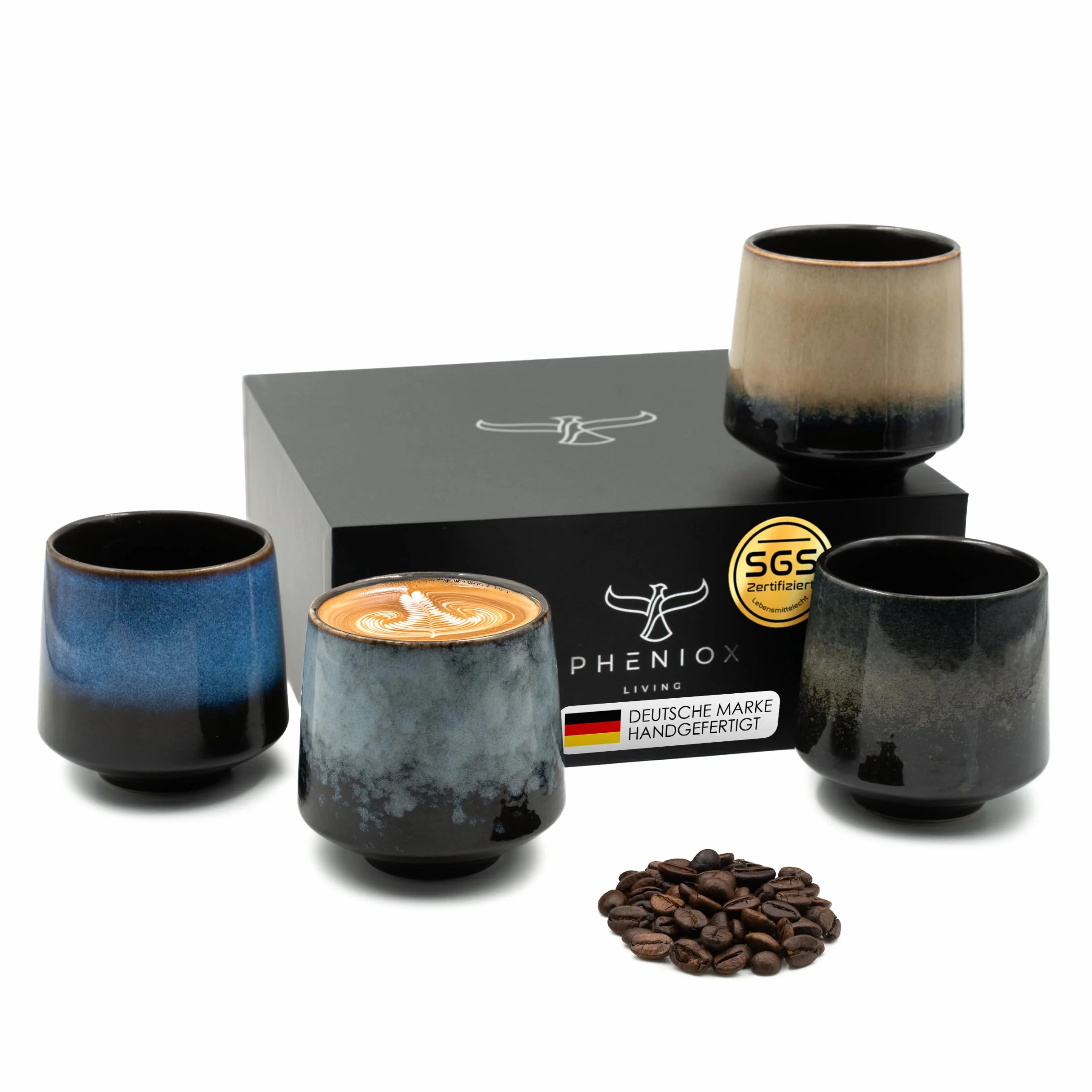 Pheniox Juego de 4 Tazas de Café Infinity XL de 220 ml - Tazas de Porcelana de - Sin Asa - Apto para Lavavajillas - Moderno