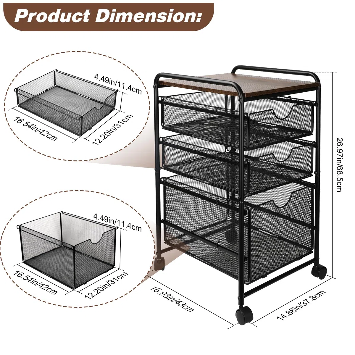 EasyPAG Carrito de archivos rodante con ruedas con 2 cajones de almacenamiento extraíbles y 1 organizador de carpetas colgantes tamaño carta, color negro