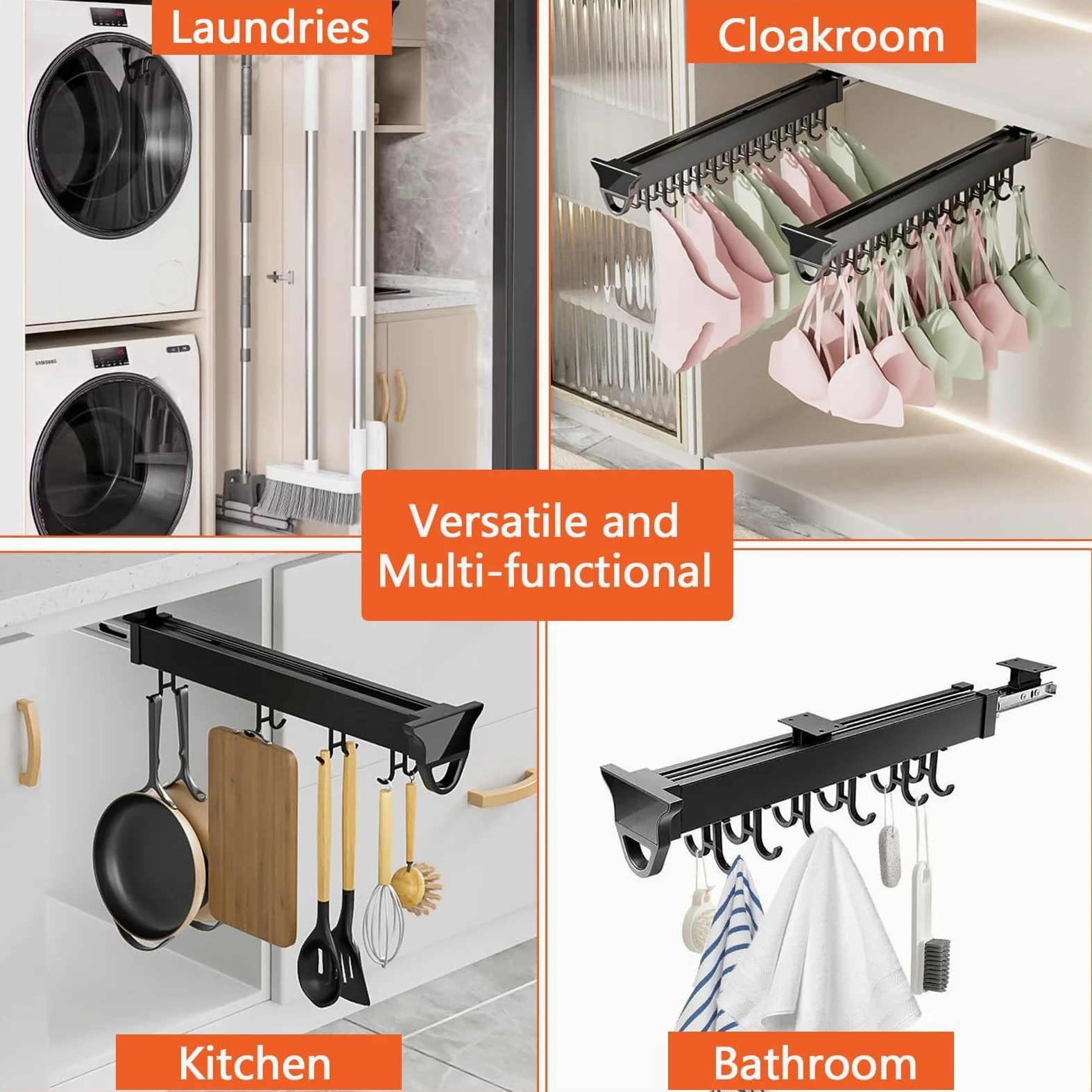 Organizador Extraíble De Ollas Y Sartenes, Soporte Extraíble para Escobas Y Trapeadores, Riel para Colgar Soporte De Armario De Aleación De Aluminio con Ganchos Ajustables(22.04in-20 Hook)