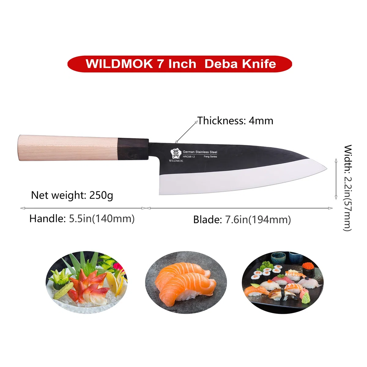 WILDMOK Cuchillo Deba de 7 pulgadas – Cuchillo asiático Usuba Sashimi de salmón con hoja de acero inoxidable alemán y mango de madera tradicional