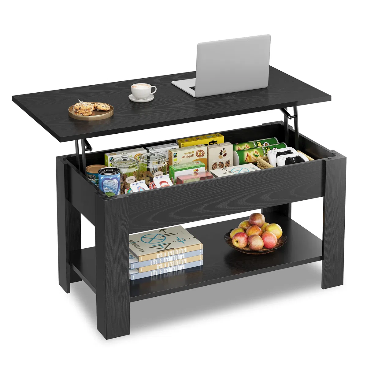 WLIVE Mesa de Sofá Centro con revistero, Mesa de Café elevable, Medidas: 100 cm (Largo) x 45/60cm (Alto) x 48 cm (Fondo) (Negro Carbón)