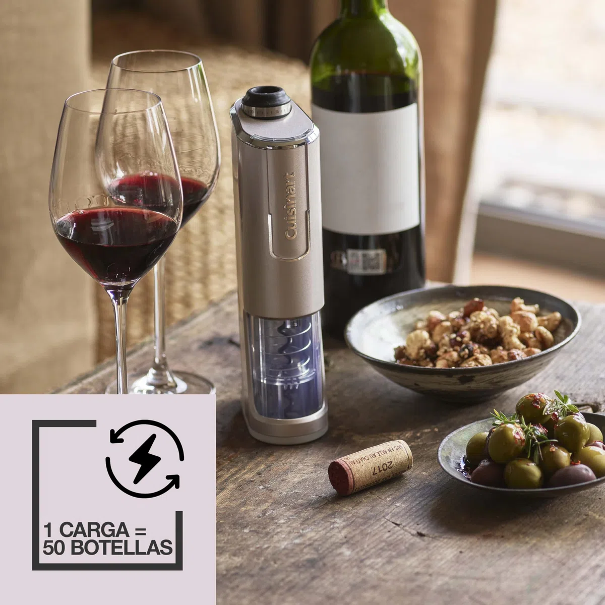 Cuisinart Abridor de Vino Inalámbrico con Sellador de Vacío | Abridor de botellas con tapón de corcho | hasta 50 botellas | Cortador de papel de aluminio integrado | Regalo para amantes del vino
