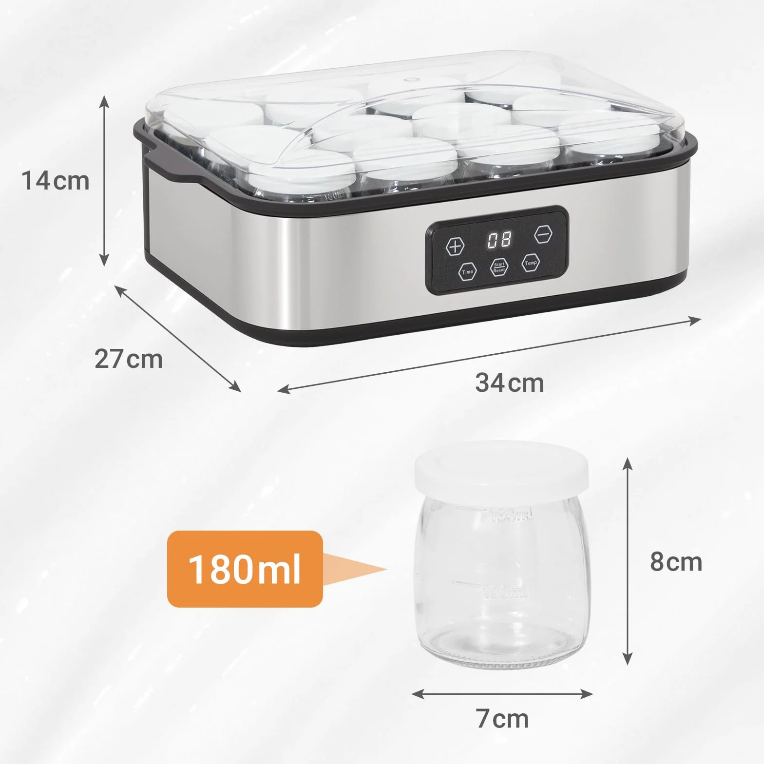 Todeco Yogurtera Eléctrica con 12 Tarros de 180 ml con Tapa, Acero Inoxidable, Temperatura Ajustable, Temporizador, Máquina de Yogur Casero, para Yogur Griego, Yogur Frutas