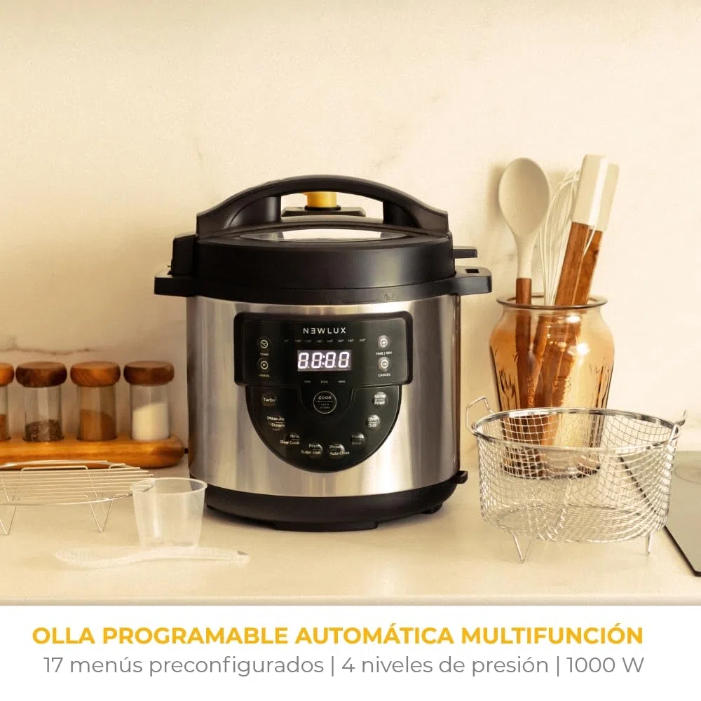 NEWLUX - Olla 6L Chef Pot V170, Olla a Presión Multifunción Eléctrica con Voz, 15 Funciones, 1000W, Programable 24h, 4 Niveles de Presión, Cubeta 100% Antiadherente | Accesorio para Freír