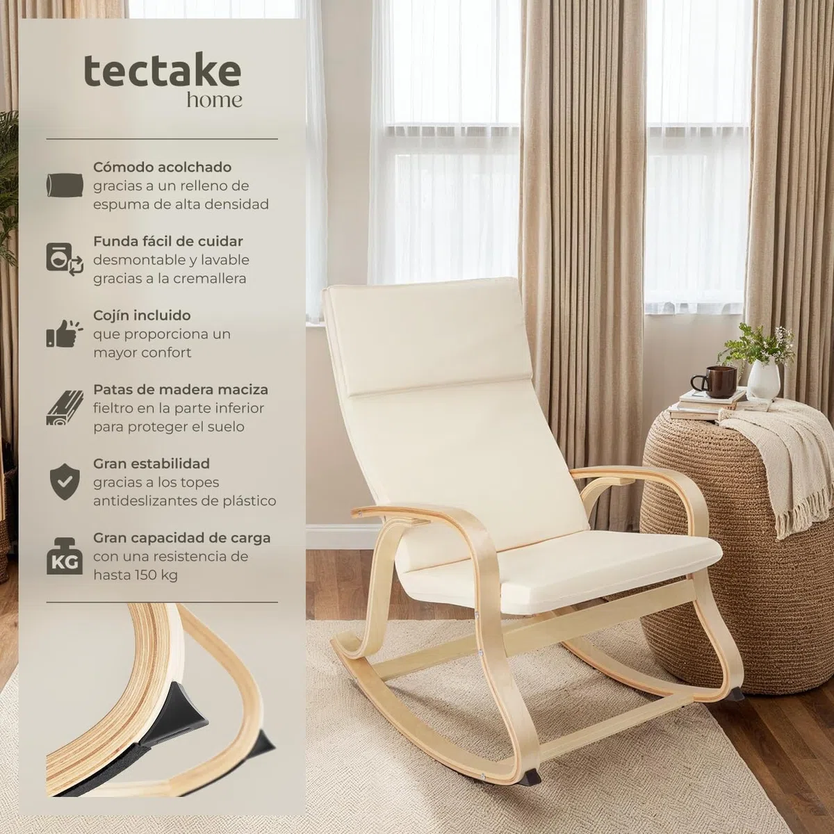 tectake 801034 - Mecedora Roca de Madera de Abedul 150kg, Silla Mecedora, Oscilante, Sillón Ergonómico para Balanceo (Beige)