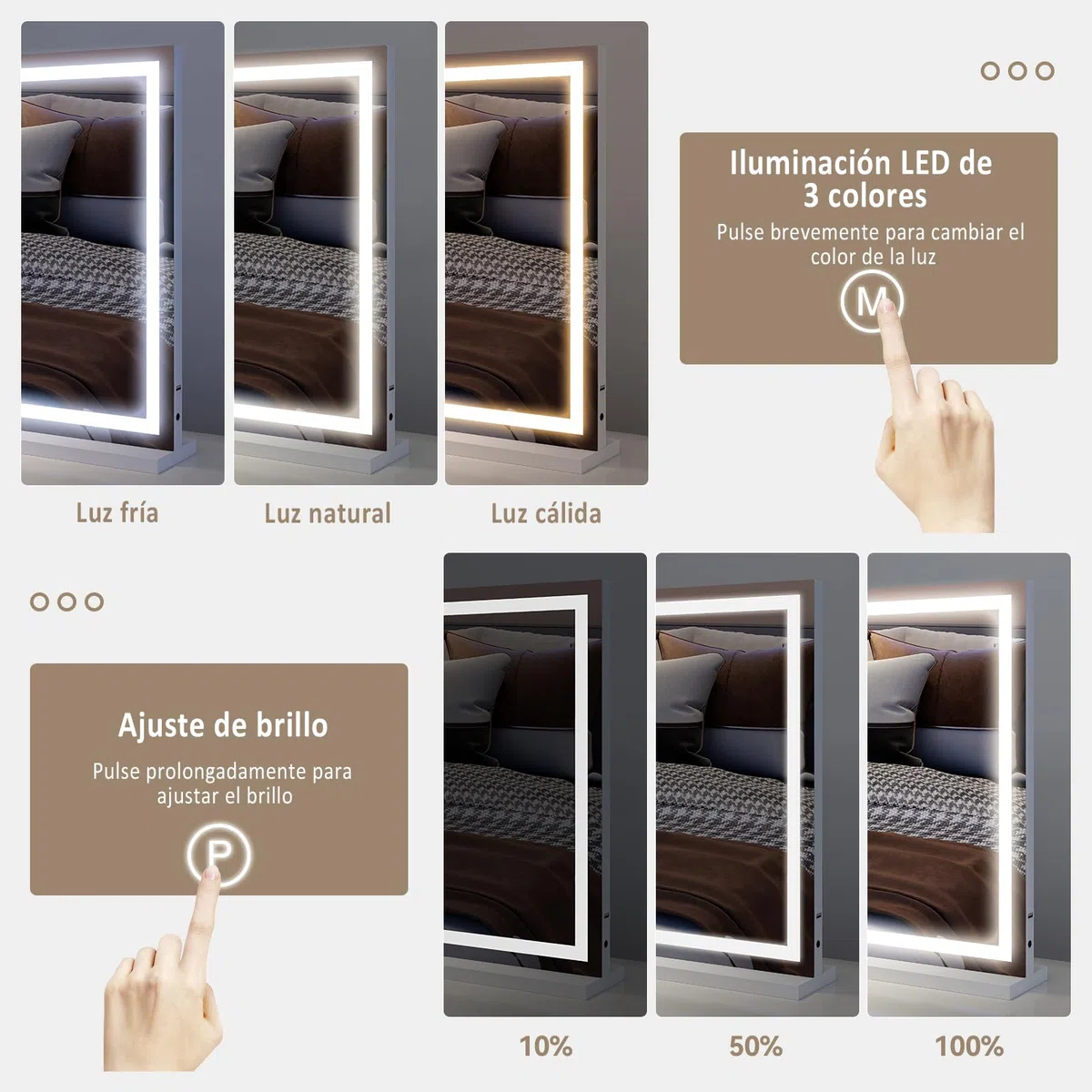 YU YUSING Espejo Maquillaje con Luz, 70x55cm, 3 Modos Iluminación Regulables, Espejo Tocador Grande, Espejos de Mesa, Cargador USB, 10x, Vanity Mirror Tocador Dormitorio, Controles Táctiles, Blanco
