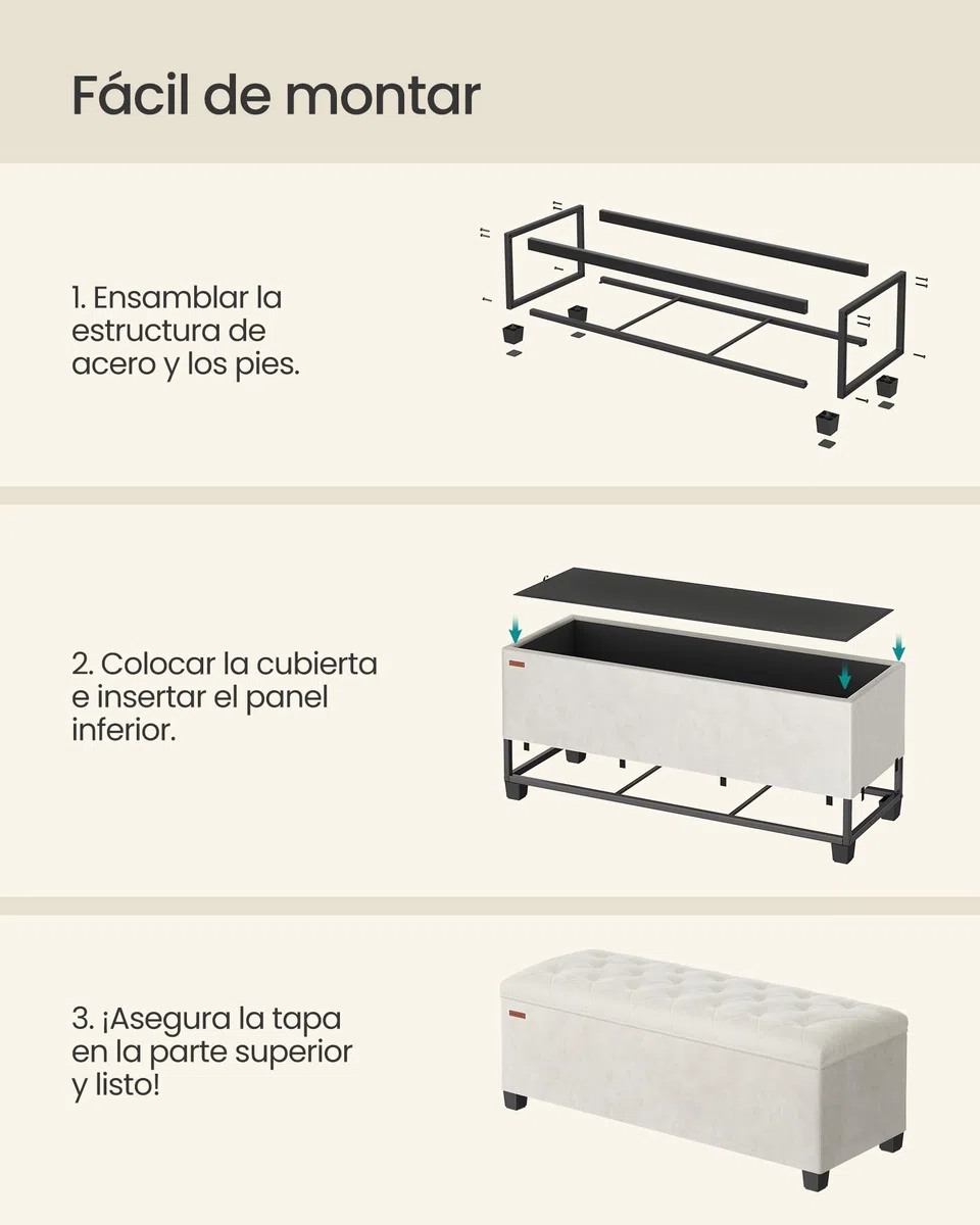 SONGMICS Puff Almacenaje, Baúl con Patas, 40 x 110 x 39 cm, Banco de Pie de Cama, Banco Almacenaje, Soporta hasta 300 kg, para Sala de Estar, Dormitorio, Entrada, Blanco Crema LSF089W01
