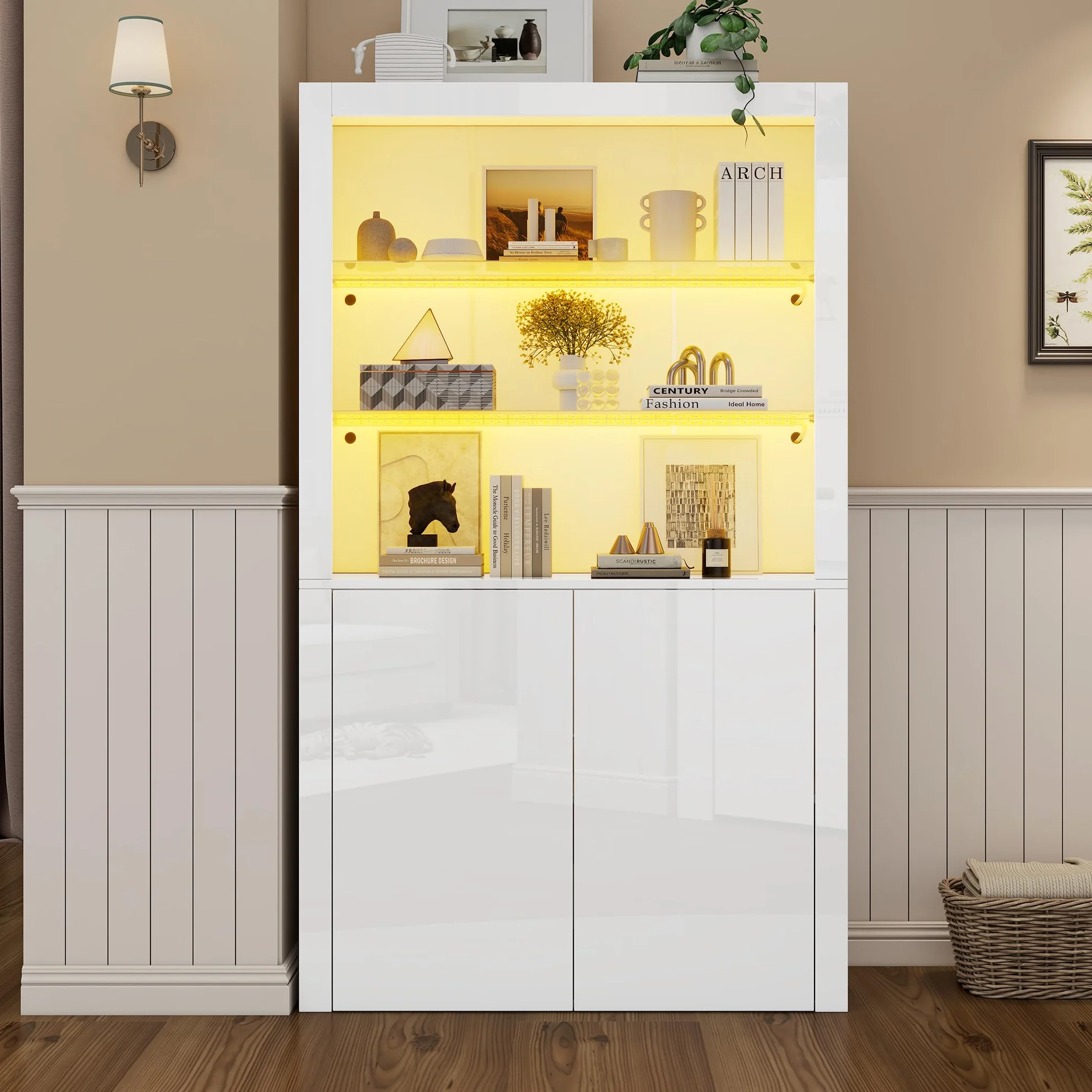 SUKY Armario de almacenamiento para sofá de 100 x 35 x 170 cm, armario de almacenamiento de alto brillo, armario de vitrina con luces LED, capa de pantalla de cristal templado, armario vertical alto