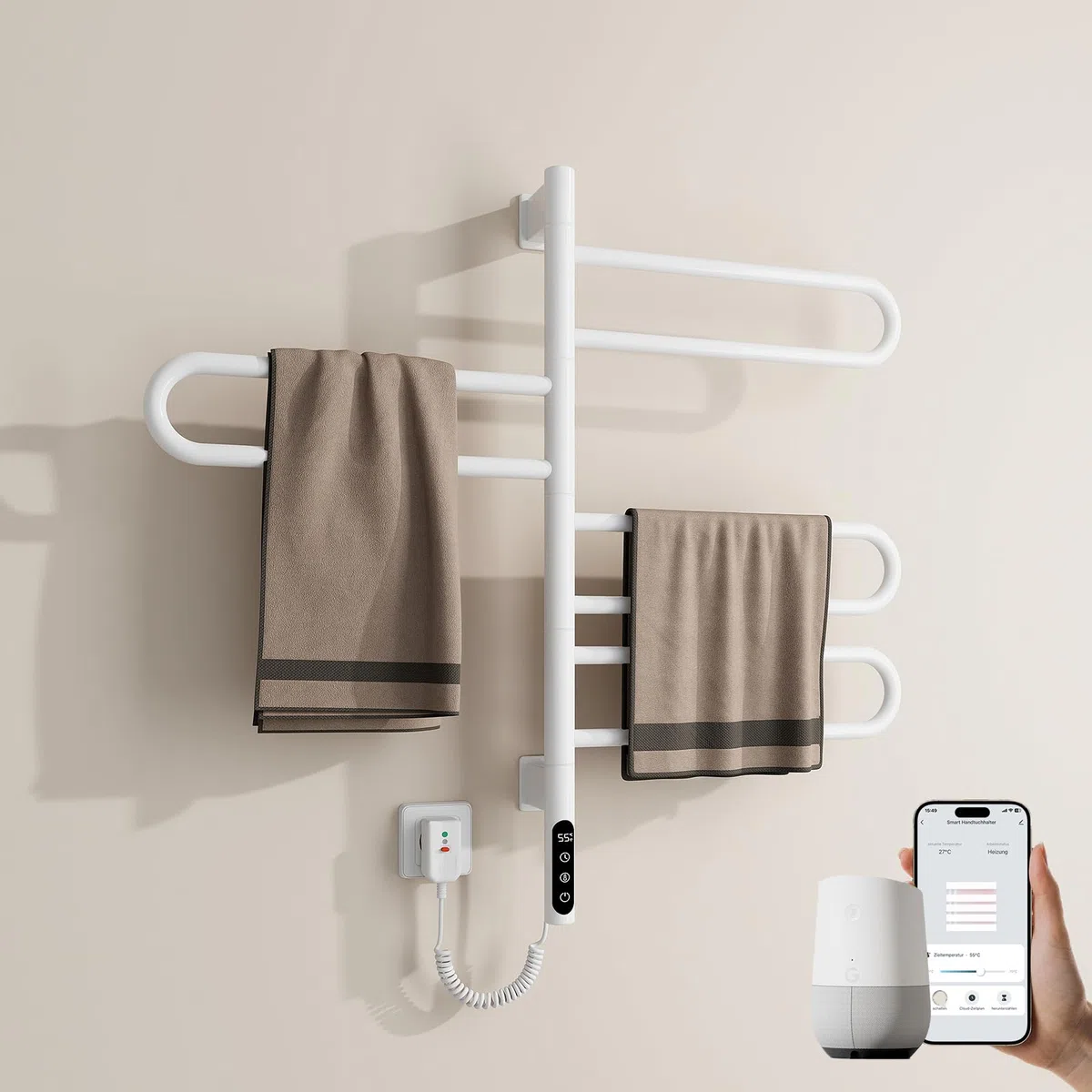 EMKE Radiador eléctrico de baño con rotación de 180°, 78 x 43 cm, WiFi Smart Toallero Eléctrico, Toallero Eléctrico, Calentador de Toallas de Baño Toallero Blanco 170 W