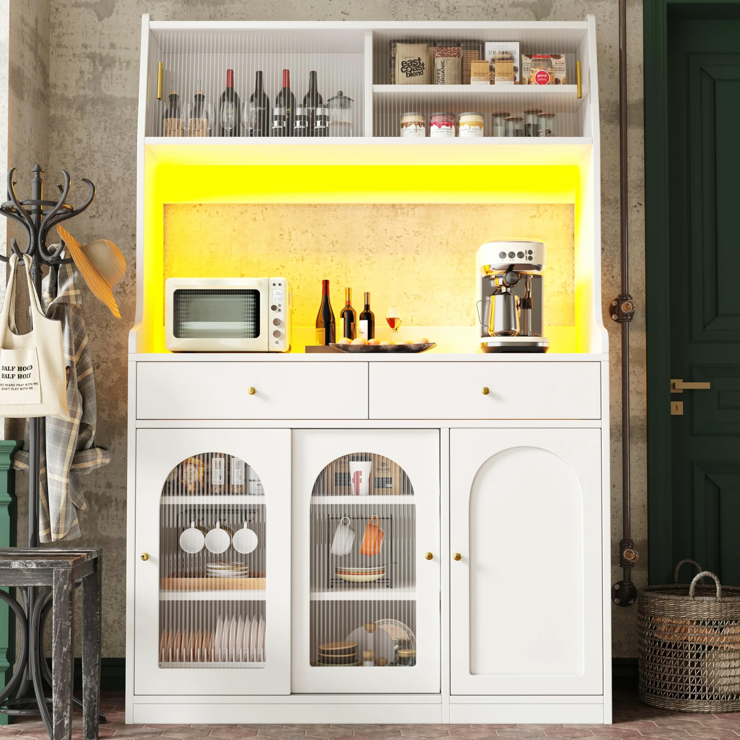 Armario de cocina alto con cajones y puertas correderas de cristal, 120 x 40 x 180 cm, armario alto con estantes ajustables, encimera ancha, armario multiusos (blanco)