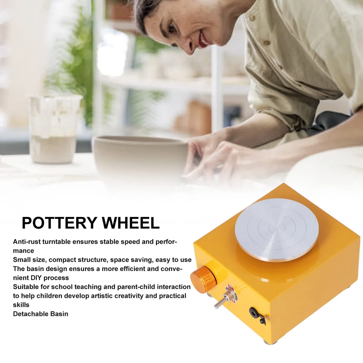 Mini Rueda de Cerámica, Máquina de Formación de Cerámica de Velocidad de 0-2000 RPM con Lavabo Desmontable y Herramientas de Arcilla para Bricolaje, para Niños, Trabajo de Cerámica