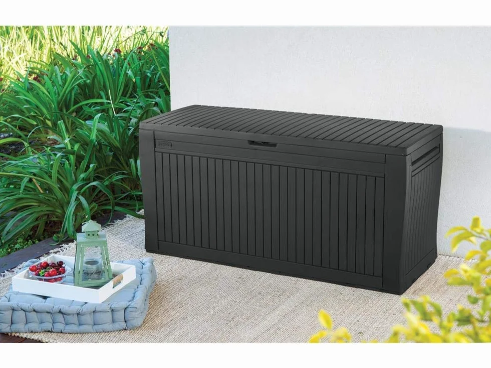 Keter Comfy - Baúl de resina de 270 L, color grafito, 116,7 x 54,6 x 8,6 cm