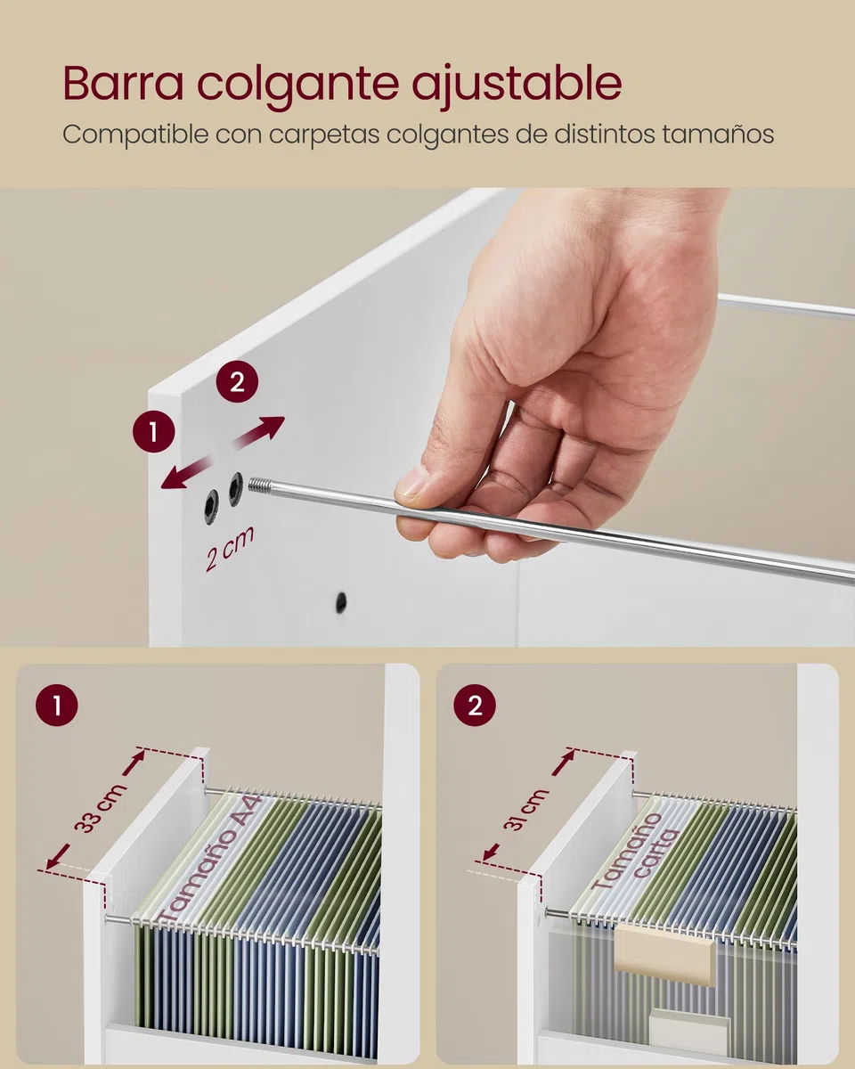 VASAGLE Custos Colección - Archivador de Oficina, Cajonera de Oficina con 3 Cajones, Ruedas, para Documentos Formato A4, Barra Regulable, Blanco Nube OFC065WB01