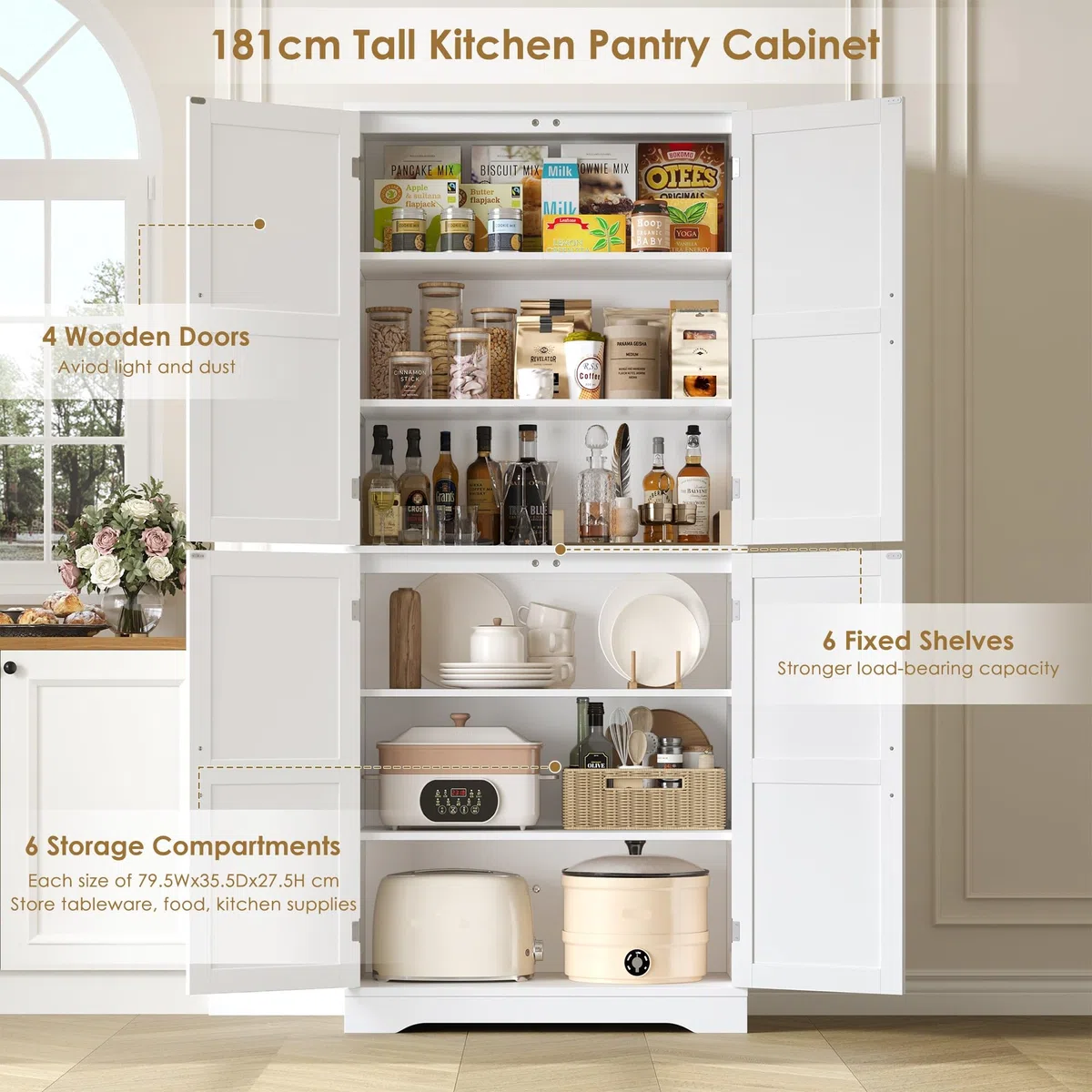 HOCSOK Armario de cocina, armario alto de 180 cm, armario buffet con 4 puertas, armario comedor para salón, cocina, 180 × 80 × 40 cm, color blanco