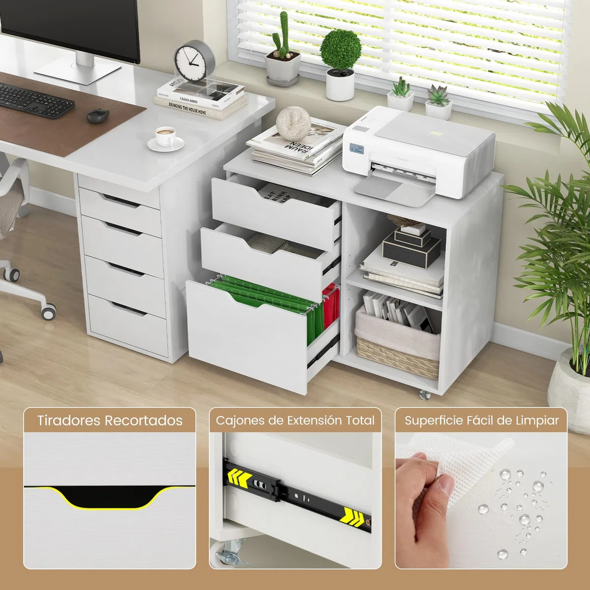 COSTWAY Cajonera con Ruedas, 3 Cajones, Cajoneras Escritorio con Estante Ajustable, Mueble Archivador Oficina, Carta, A4, Tamaño Legal, 81 x 40 x 66,5 cm (blanco)