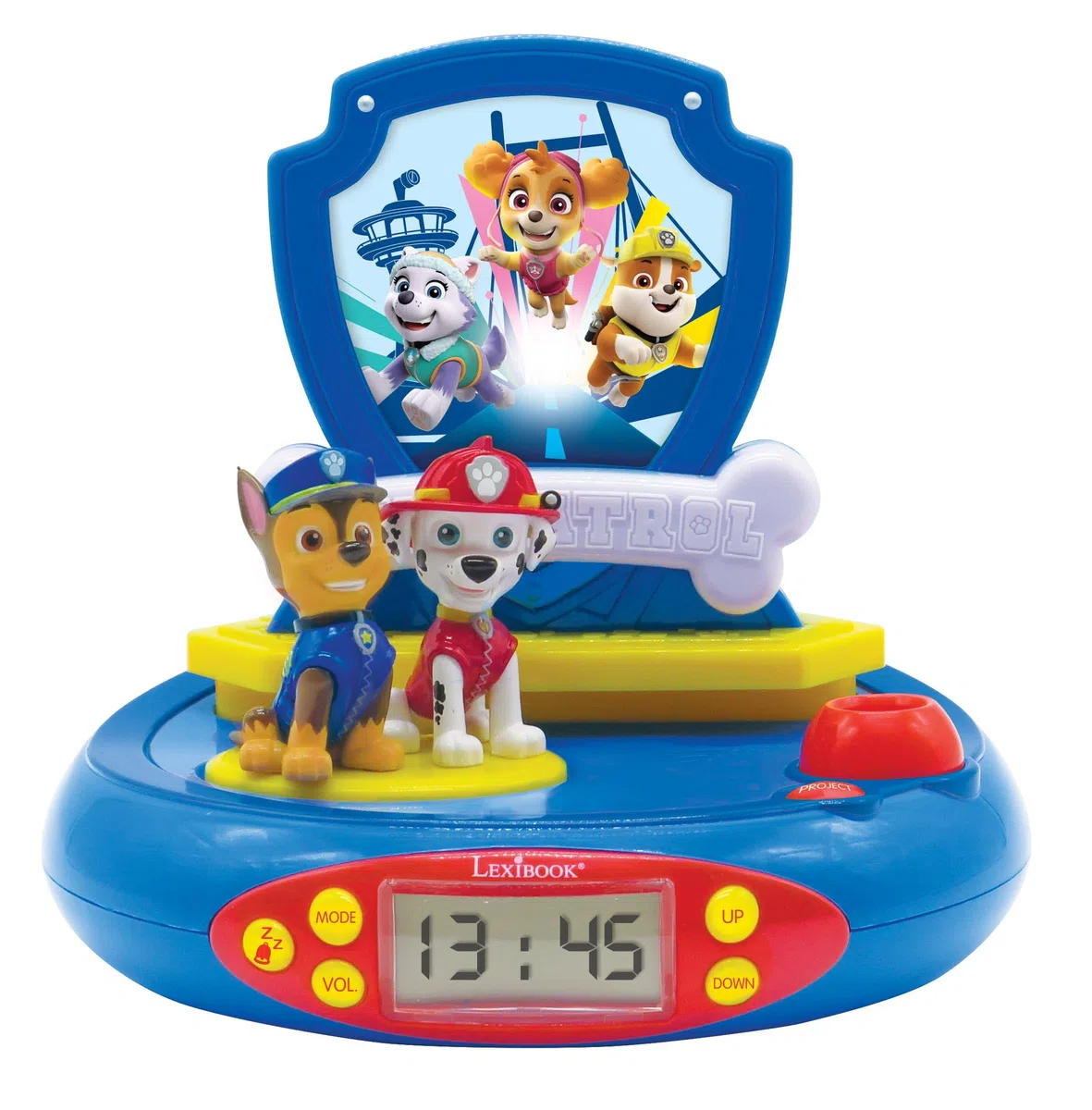 LEXIBOOK Paw Patrol La Patrulla Canina Chase Radio Reloj proyector, Luz de Noche incorporada, proyección de Tiempo en el Techo, Efectos de Sonido, Funciona con batería, Azul/Rojo, RP500PALXB