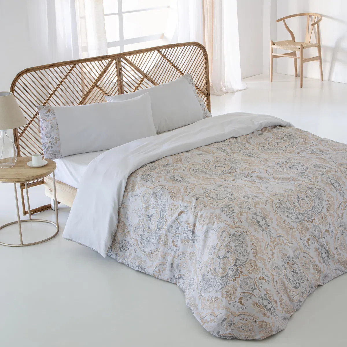 COTTON ARTean Funda Nórdica Cama 150 SATÉN ALGODÓN 200 Hilos CARES Funda edredón 240x220 + 2 Fundas de Almohada Cierre Botones