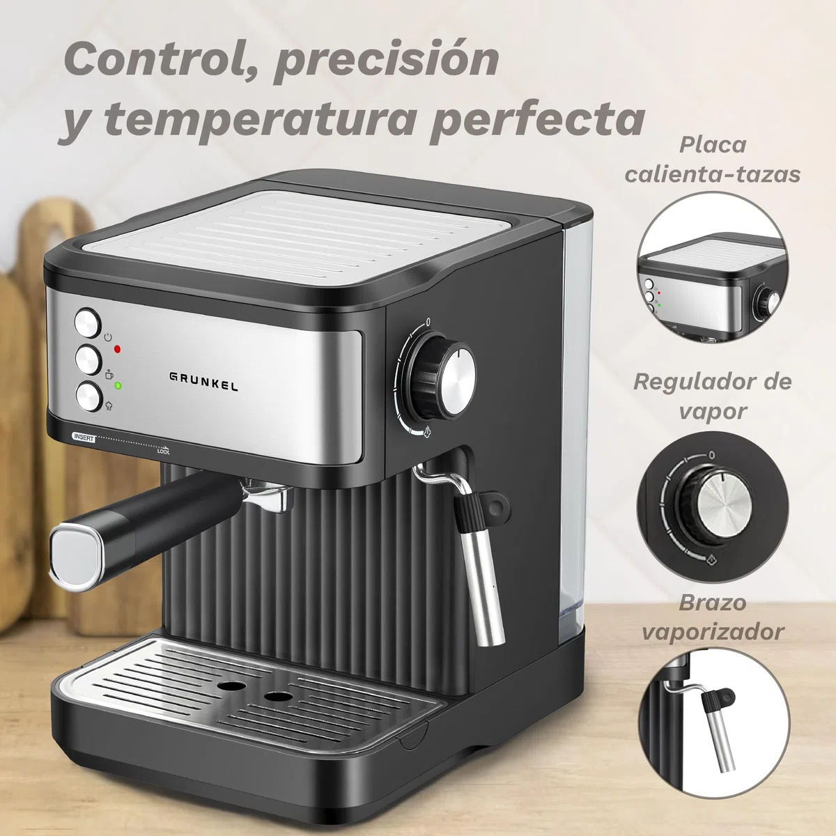 Grunkel Cafetera Espresso de 20 Bares, 850W, Panel Táctil/analogico con vaporizador orientable y brazo doble salida Depósito 1,8L (Analógica)