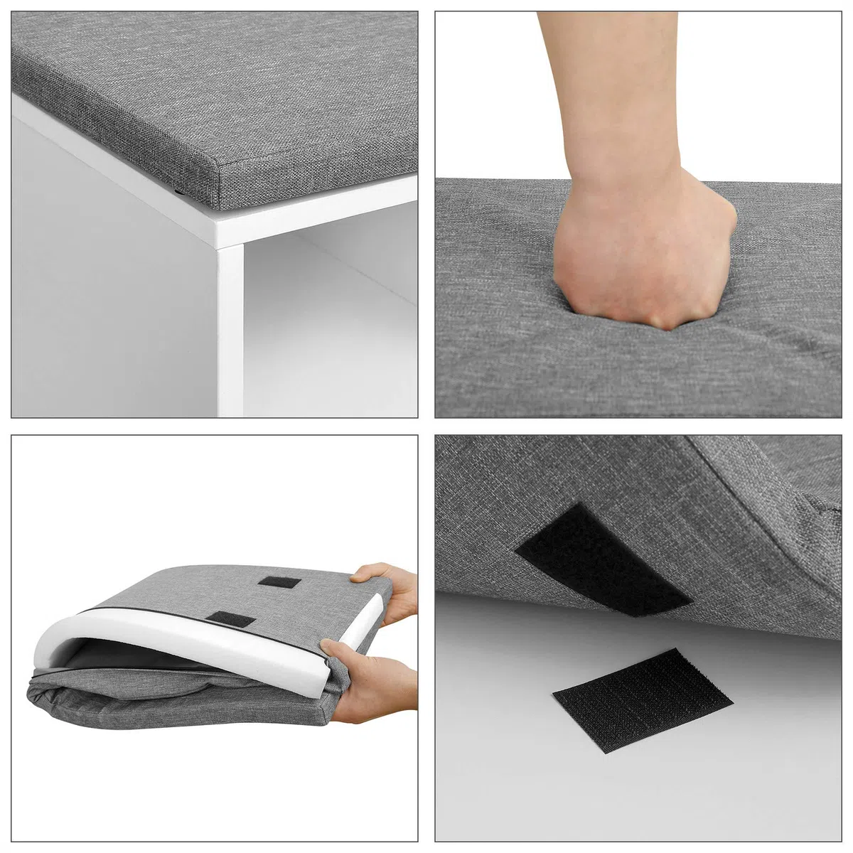 VASAGLE Banco Zapatero, Zapatero con Asiento y Cojín, Banco para Zapatos con Estante, Asiento Acolchado, para Entrada Pasillo Dormitorio, 30 x 104 x 48 cm, Blanco y Gris LHS24WT