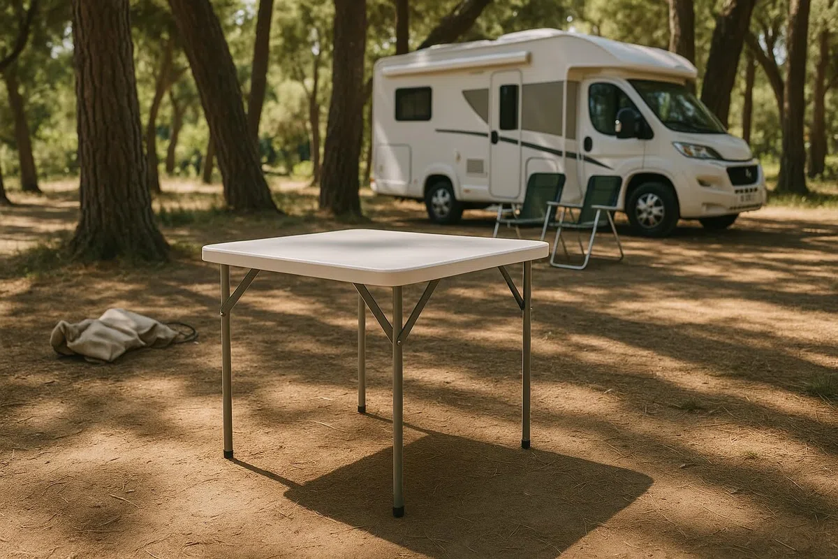 HERSIG - Mesa Plegable - Mesa Jardin Exterior Cuadrada 84x84x74 CM - Mesas Plegables Portatiles Resistente - Mesas Auxiliares Plegables - Ideal para Camping, Picnic, Comidas, Trabajo, Fácil de Guardar