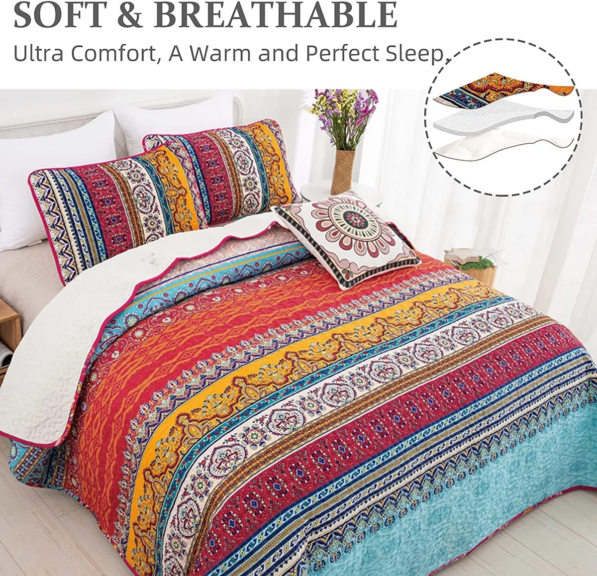 WONGS BEDDING Colcha de 200 x 220 cm, manta bohemia de 3 piezas, edredón acolchado de microfibra con 2 fundas de almohada de 50 x 75 cm para dormitorio como manta de sofá (bohemio)