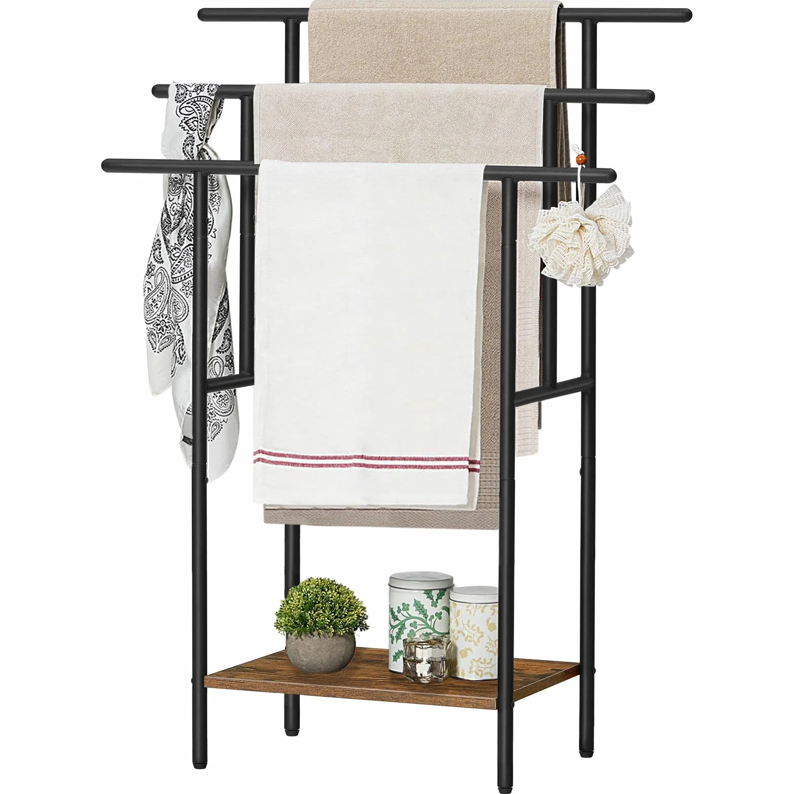 HOOBRO Toallero Independiente de 100 cm de Alto para baño, Estante de Manta Escalonado de 3 Niveles con estantes, Estante de Secado y exhibición de Toallas de baño de Gran, Negro y marrón EBF50LB01