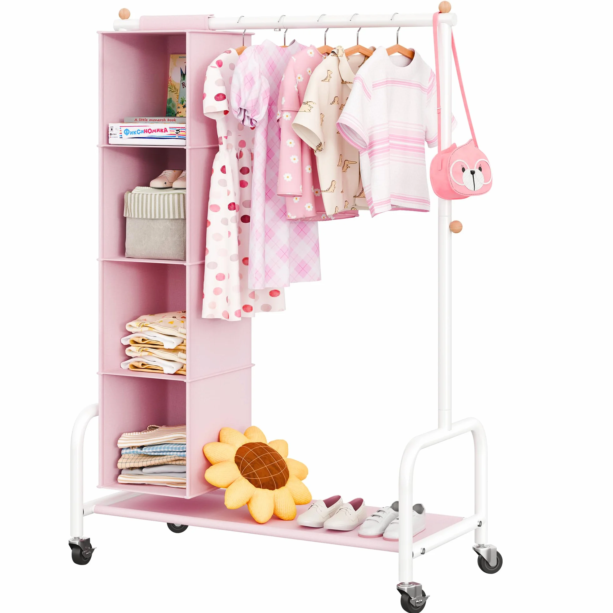 GRANNY SAYS Perchero Infantil con Organizador Colgante, Perchero con Ruedas para Disfraces Infantiles, Perchero para Ropa de Niños, Perchero para la Habitación del Bebé o la Guardería, Rosa/Blanco