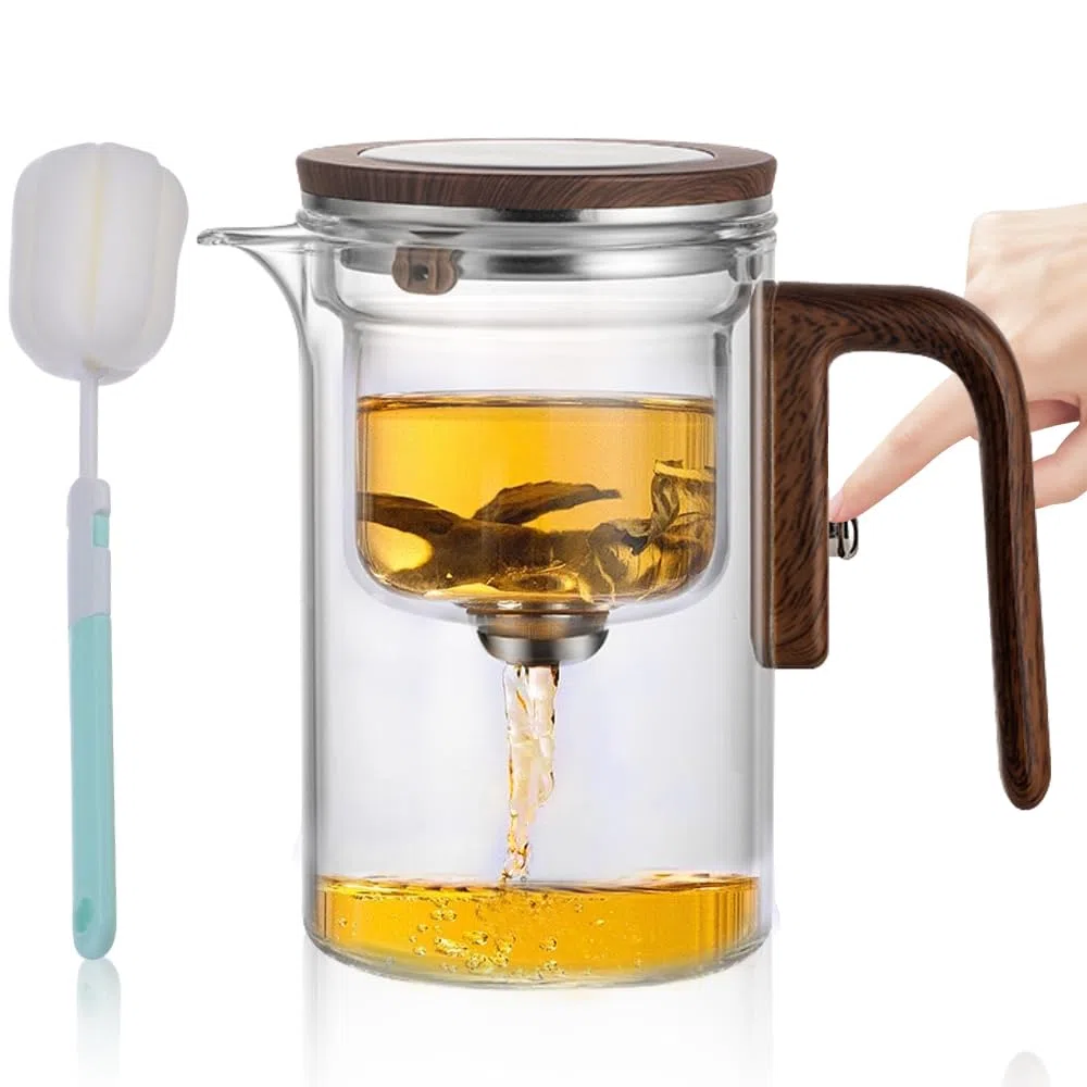 Enchantipot - Tetera de vidrio con separación de agua con mango de madera, tetera mágica con cepillo de esponja, taza de tetera de brujería, tetera mágica con control de presión para preparar