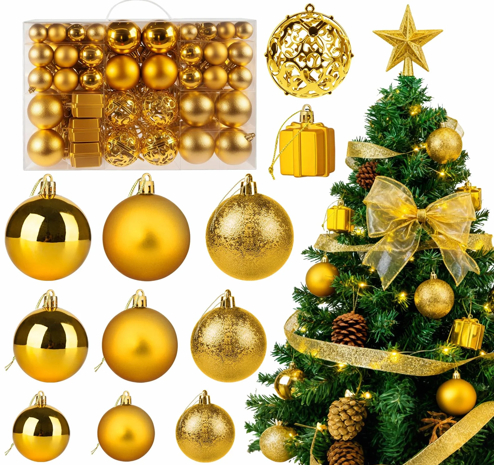 ilauke 105 Bolas de Navidad Doradas de Plástico,Centelleante Bolas Navidad Reutilizable con Cordón,Colgantes y Adornos para árbol de Navidad en Diferentes Tamaños para Navidad Fiestas Bodas-Ø3/4/6CM