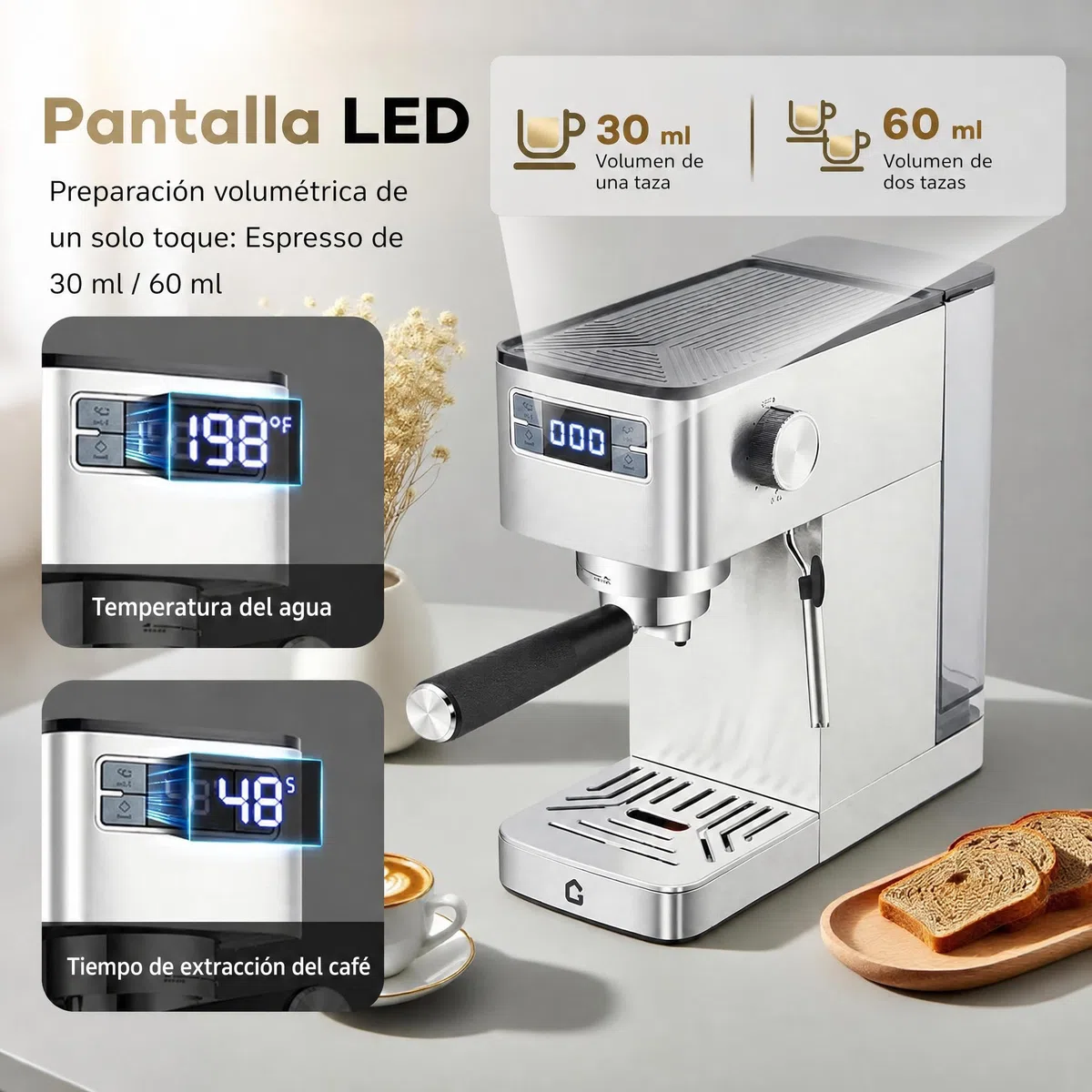 Garvee Máquina De Café Expreso De 15 Bares De Acero Inoxidable, Semiautomática Con Espumador De Leche,Diseño Compacto Depósito De Agua Extraíble De 1,4 l, Pantalla Digital, Perfecta Para Capuchi