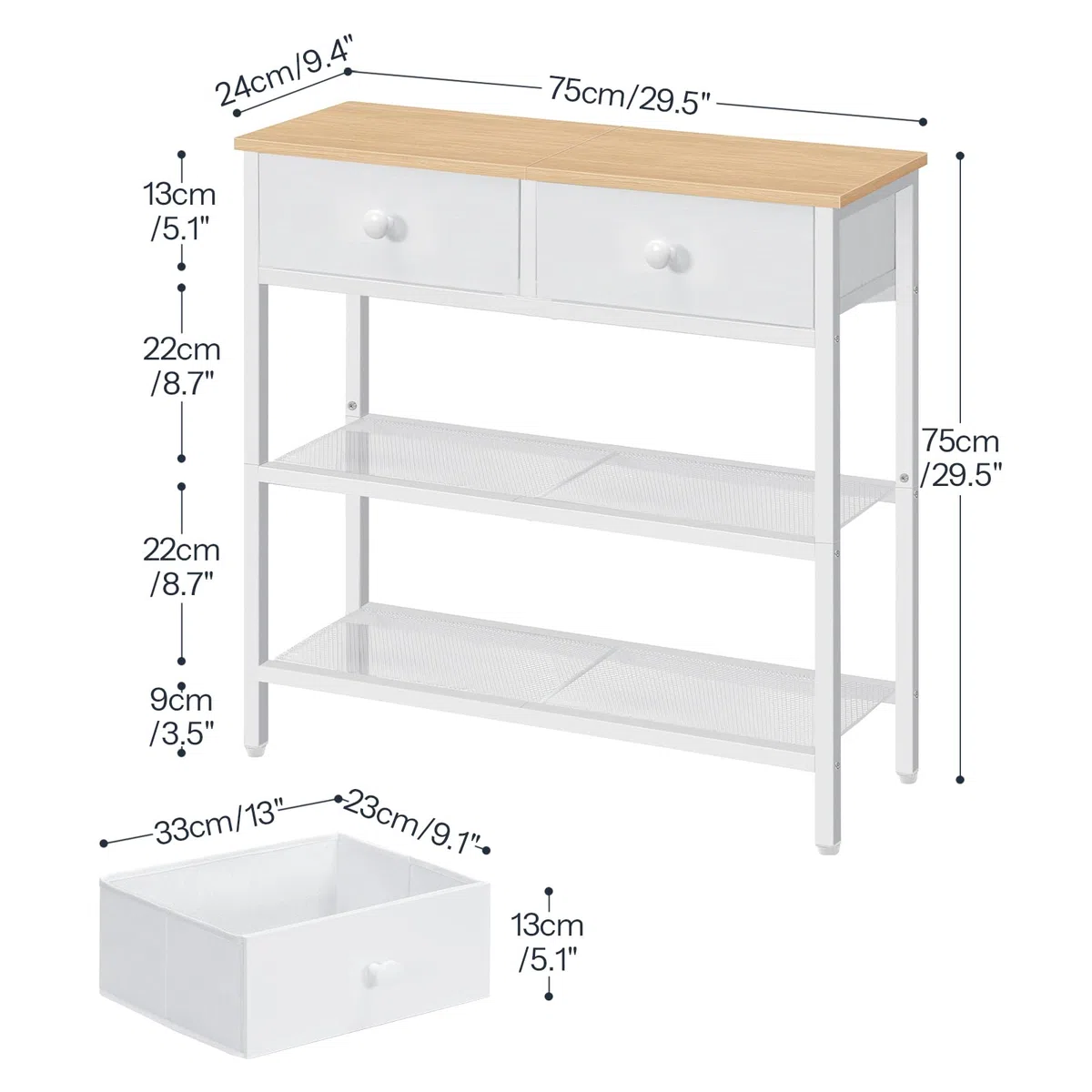 HOOBRO Mesa de Entrada de 75 cm de Largo, Mesa de Sofá de Estilo Industrial con Dos Cajones de Tejido no Textil, Consola con 3 Estantes, Dormitorio, Blanco y Color Madera Natural EWW72XG01G1