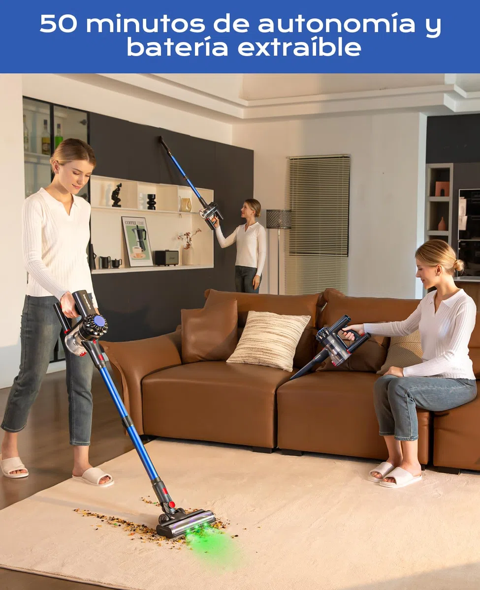 50Mins Aspiradora sin Cable, 40KPA Aspirador sin Cable, 450W Escoba Aspiradora sin Cable con Cepillo para Suelos Mejorado, Aspirador Vertical con LED Verde, para Suelo/Pelo, Azul