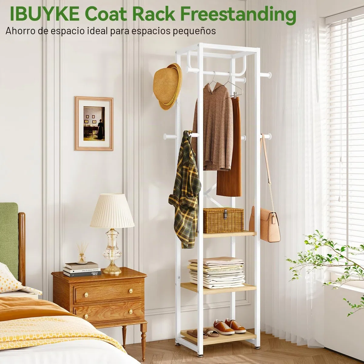 IBUYKE Perchero, Perchero independiente con 3 estantes y 8 ganchos, Perchero industrial de ropa para entrada, pasillo, dormitorio, 180 x 40 x 30 cm, color natural y blanco TMJ088R